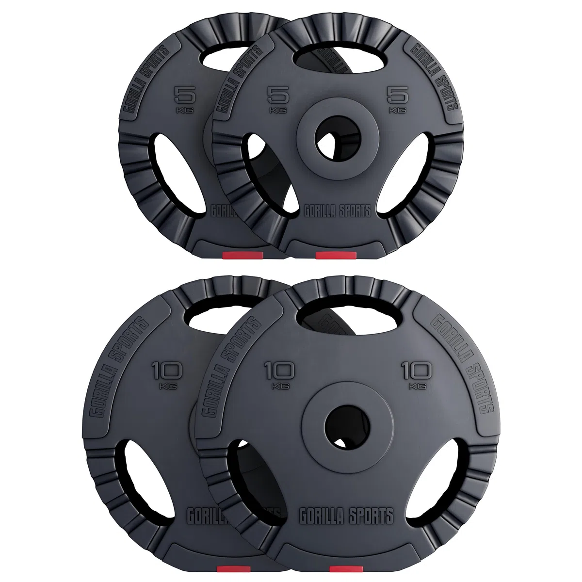 Gorilla Sports® Dischi Pesi Olimpici - 1,25kg, 2,5kg, 5kg, 10kg, 15kg, 30kg, Singolo/Set, Foro 50 mm, con Manico, Tri-Grip, Rivestiti in Plastica - Piastre per Bilancieri, Manubri, Palestra