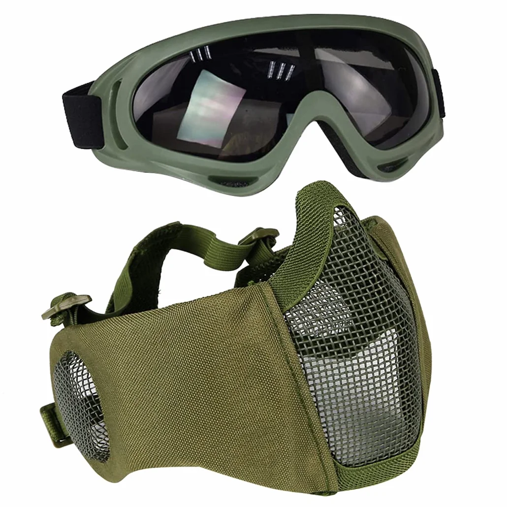 Maschera a metà viso in rete per softair con protezione orecchie e occhialini