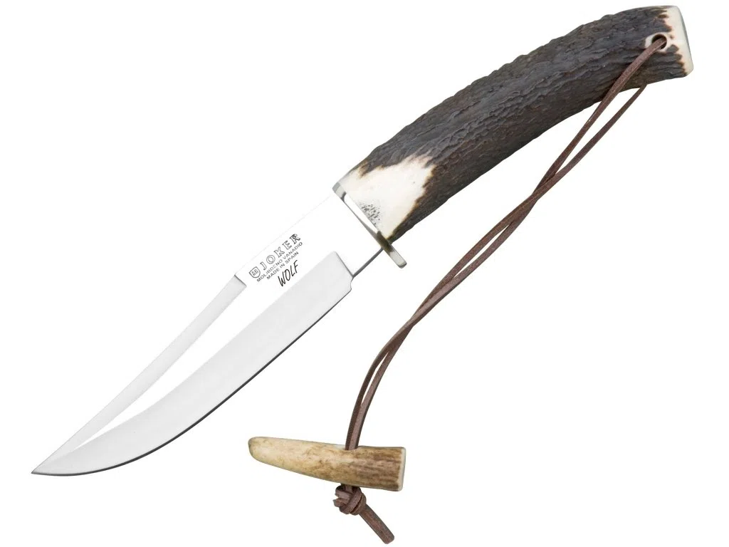 joker Coltello Bushcraft Wolf, con polsino con punta di cervo, lama 14 cm, 205 grammi, con cavo decorativo, CC72 per attività di Pesca, l'Escursionismo, Il Campeggio