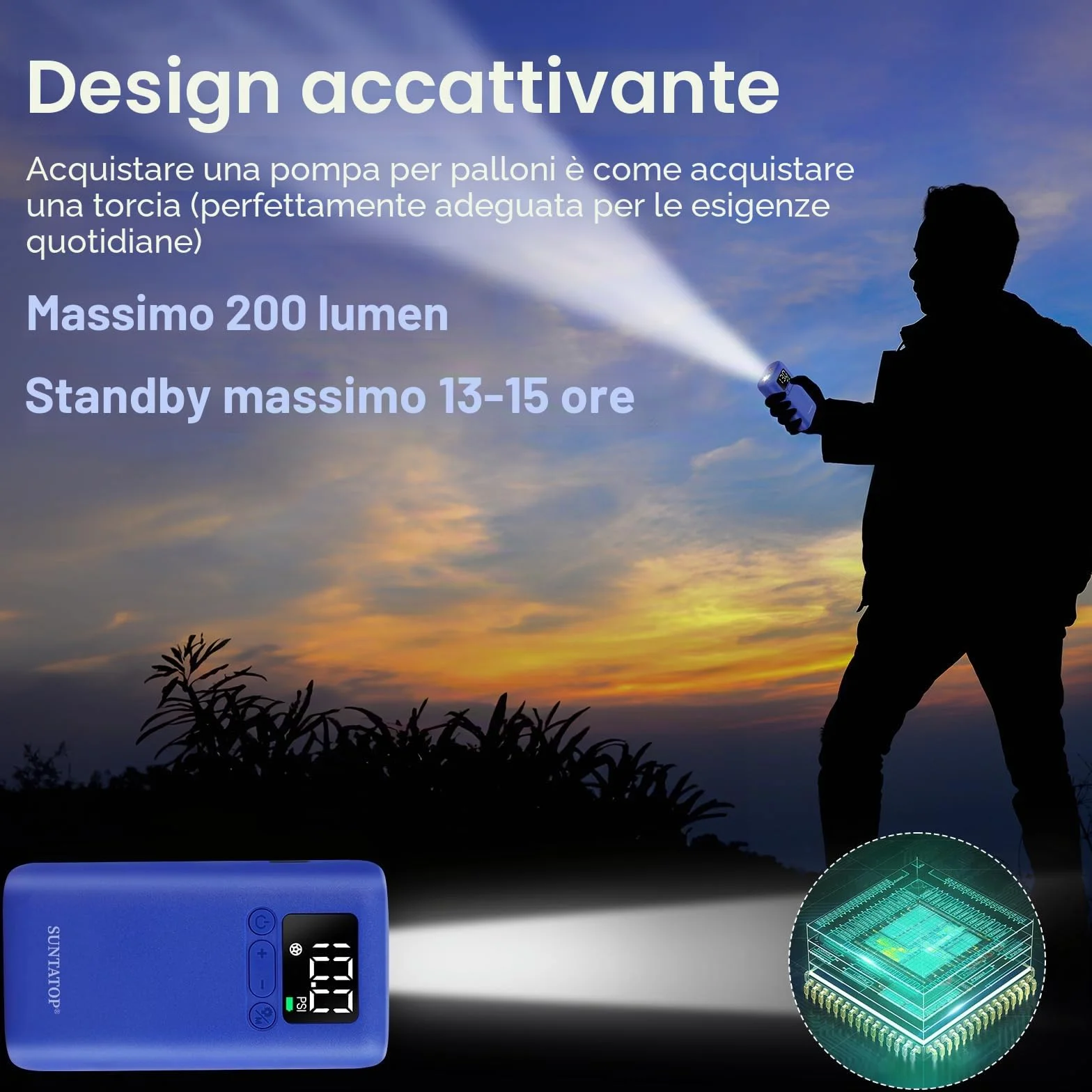 Gonfiatore Elettrico Portatile Ricaricabile 1,38 Bar 200 Lumen Torcia Pompa d'Aria per Palloni