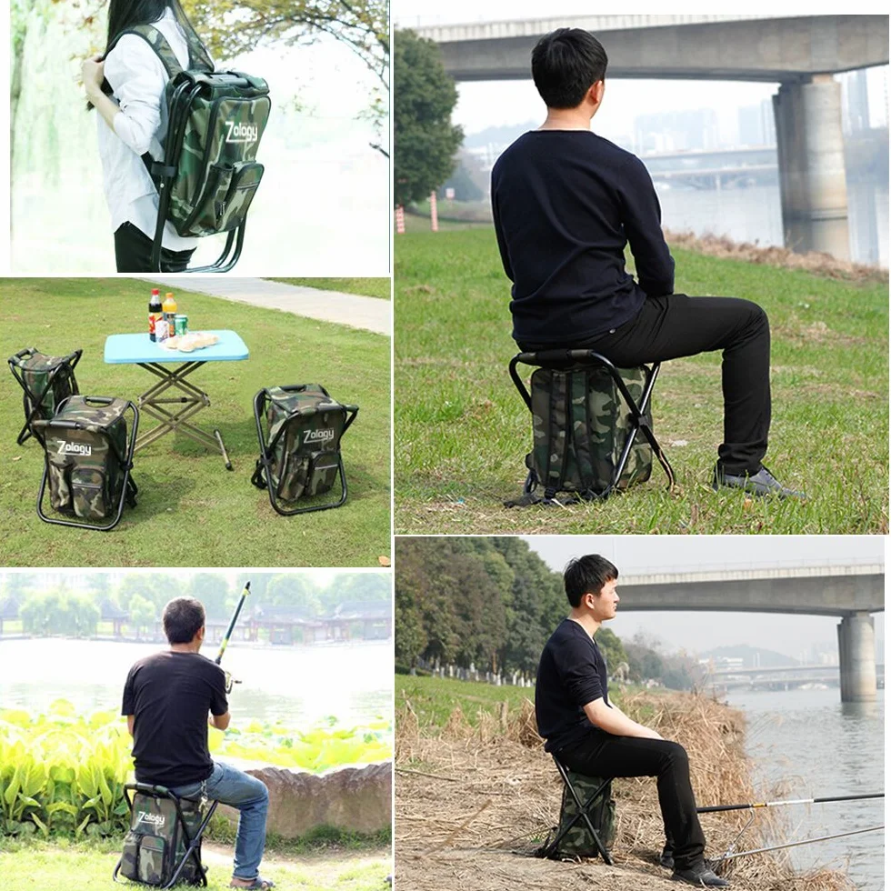 Pieghevole Sedia da Campeggio Sgabello Zaino con Borsa Picnic Isolato di Raffreddamento, Camouflage Portatile Escursionismo Seggiolone da Tavolo per Outdoor Pesca al Coperto Viaggio Beach BBQ