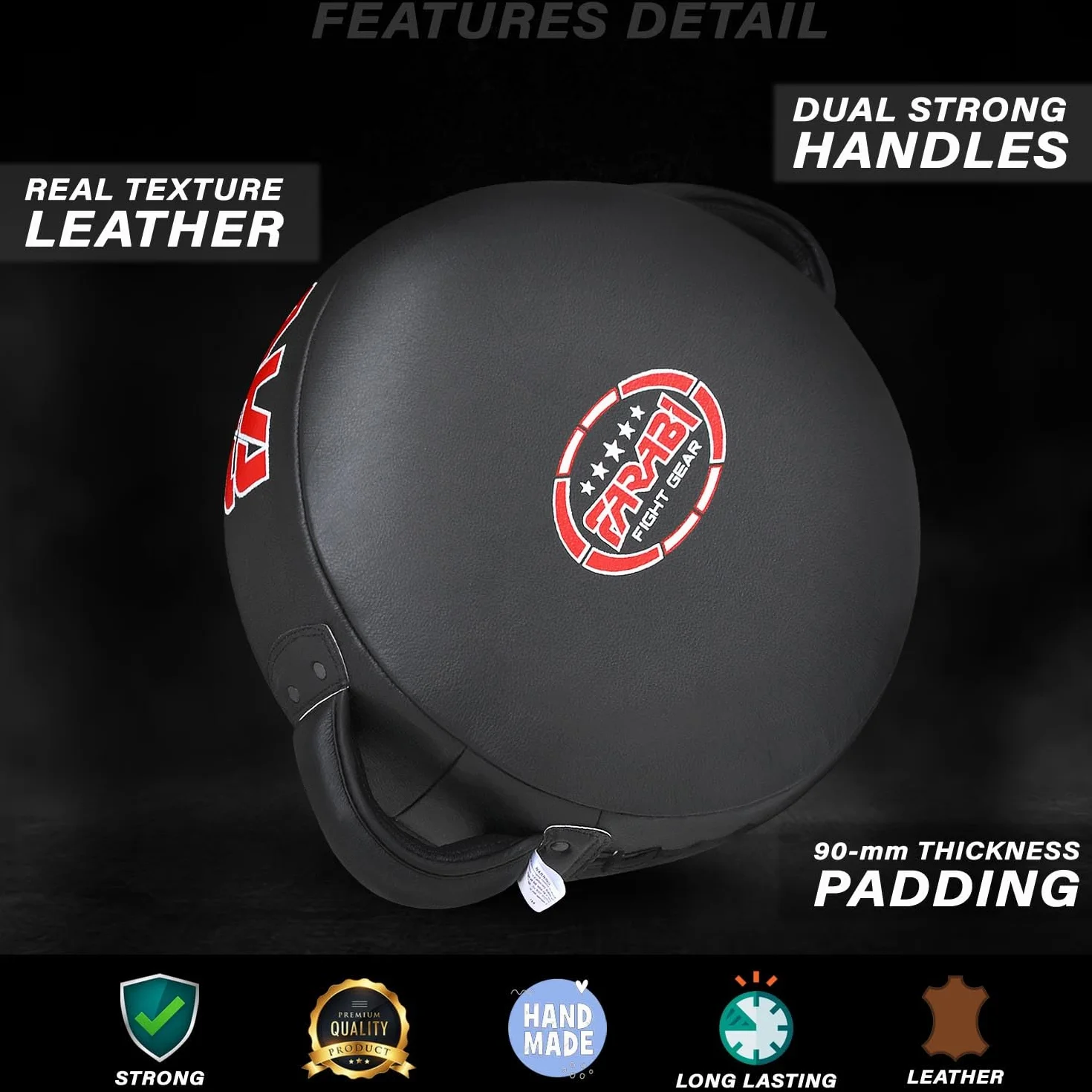 Farabi Sports Round colpitori Boxe 100% in Vera Pelle colpitori Muay Thai - Kick Pad Black colpitore Boxe MMA Muay Thai Taekwondo Kickboxing Training Scudo Boxe