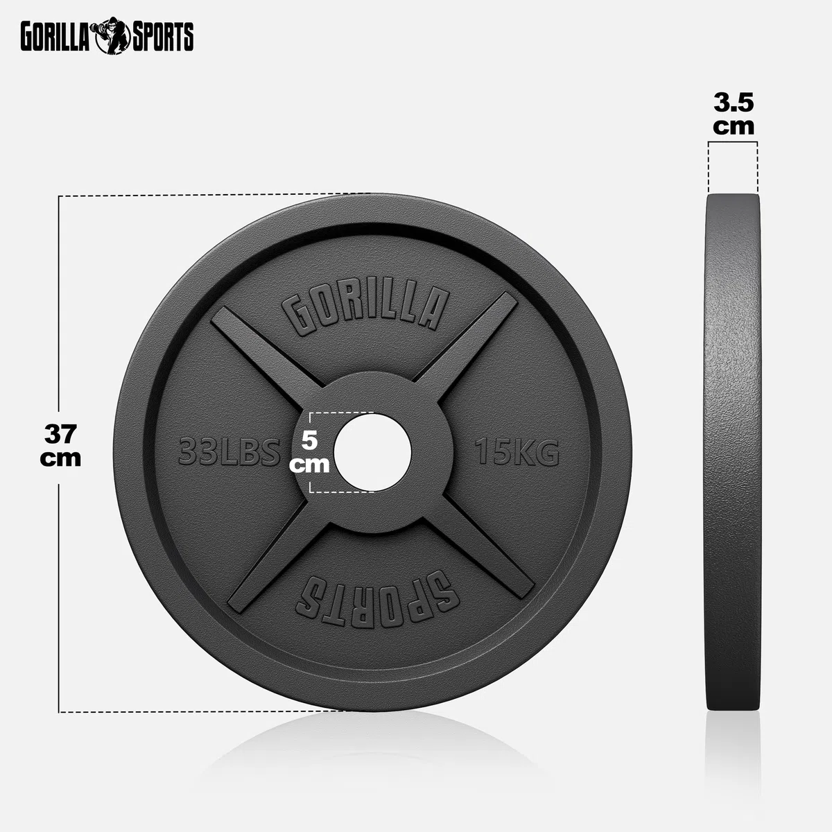 GORILLA SPORTS® Dischi Palestra - Set da 30 kg, Olimpici, Antiscivolo, Ghisa, Ø50/51mm - Pesi Bilanciere, Manubri, Bodybuilding, Peso, Olimpionici, Powerligitng, Palestra Casa, Fitness, Braccia