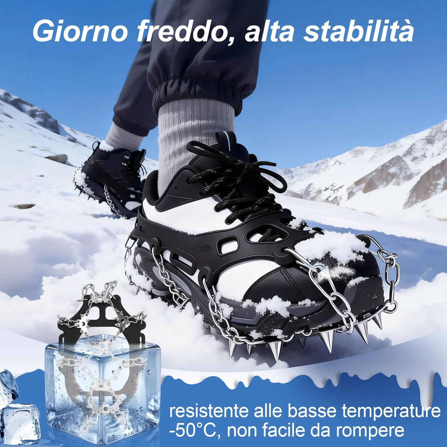 TOMSHOO Ramponi per Scarponi, 32 Denti Ramponi da Ghiaccio Catene in Acciaio Inossidabile con Cinghie, Ice Tacchetti Universali Trazione per Neve Ghiaccio Moutaineering Escursionismo