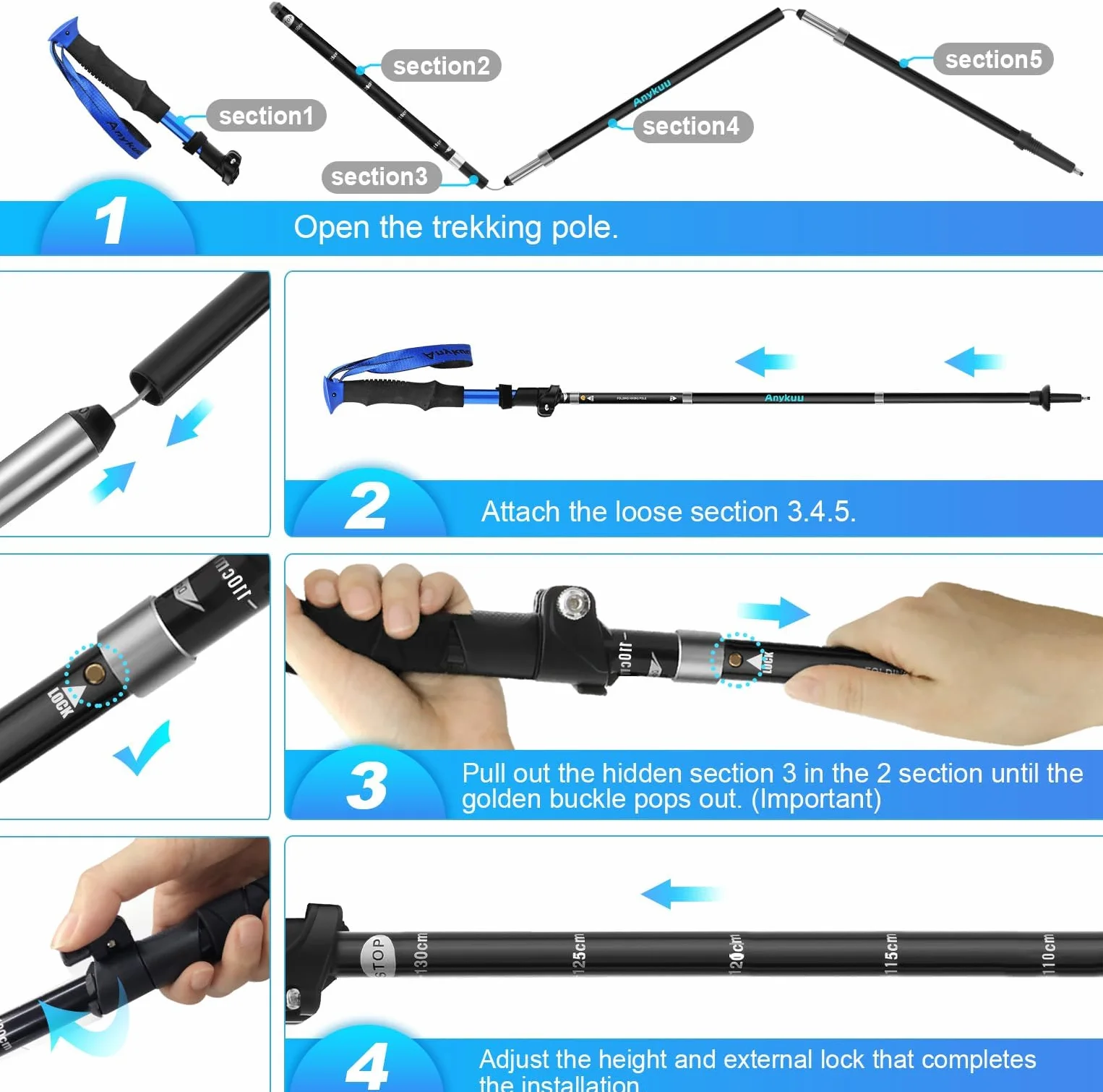 Anykuu Bastoni Trekking Pieghevoli 110-130cm 7075 Alluminio Nordic Walking con Manico Eva