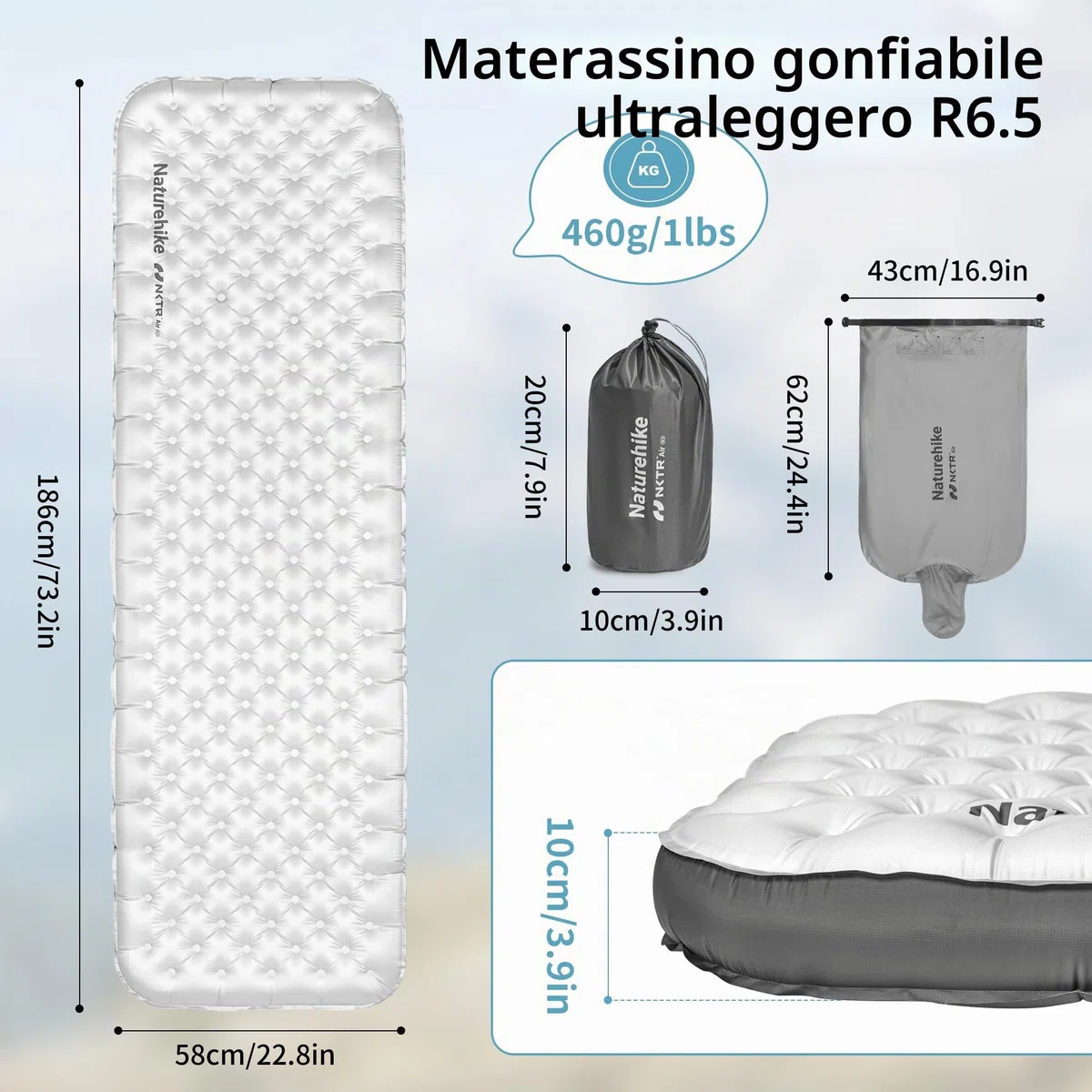 Naturehike Materassino gonfiabile 6.5R 186cm*58cm, Ultraleggero Campeggio Materasso, Durevole Materassino da Campeggio Portatile per Trekking Escursionismo