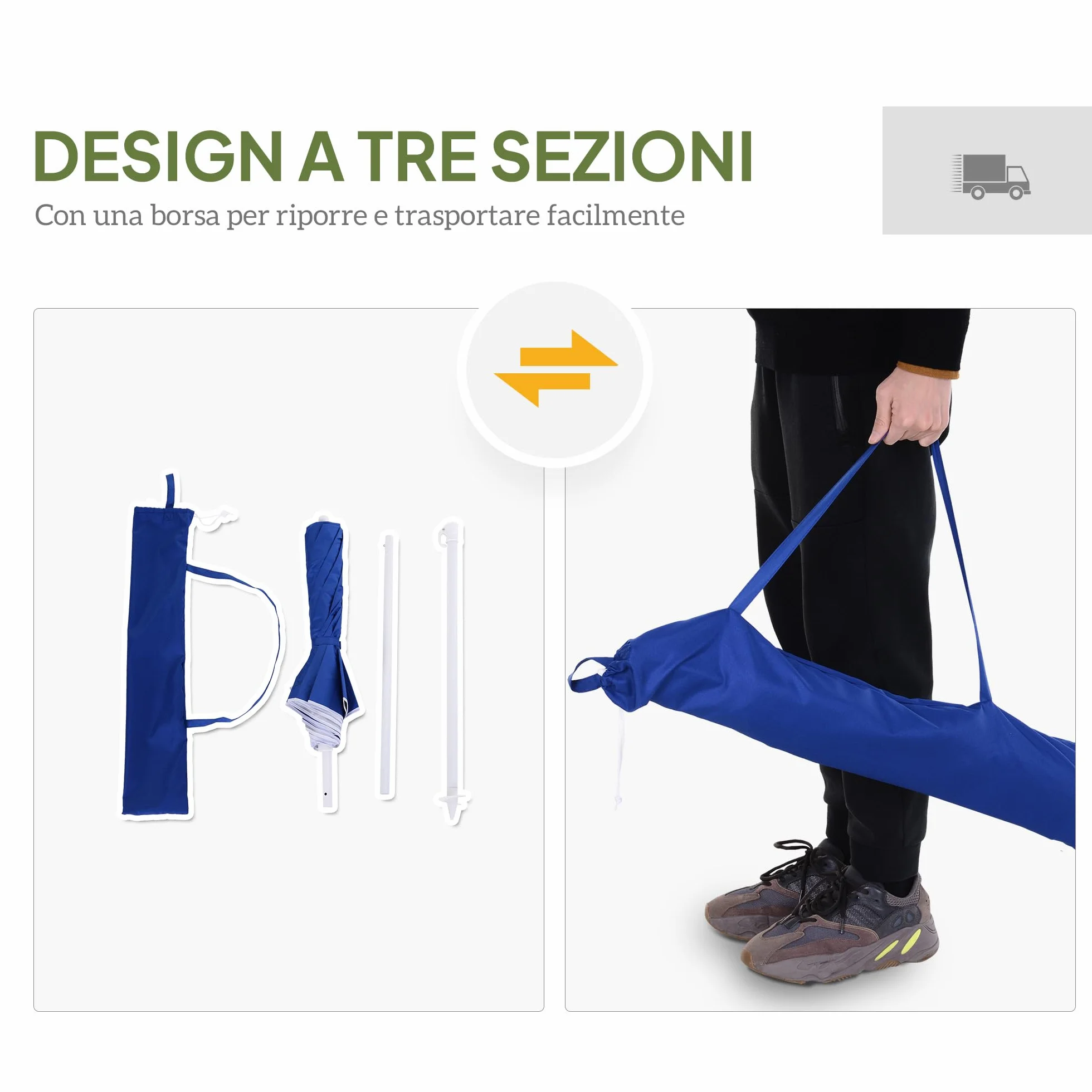 Outsunny Ombrellone da Spiaggia Ø1.6x2 m con Tettuccio Reclinabile, Ombrellone da Spiaggia Portatile con 8 Stecche, Borsa da trasporto e Design a 3 Sezioni in Metallo e Poliestere, Protezione UV, Blu