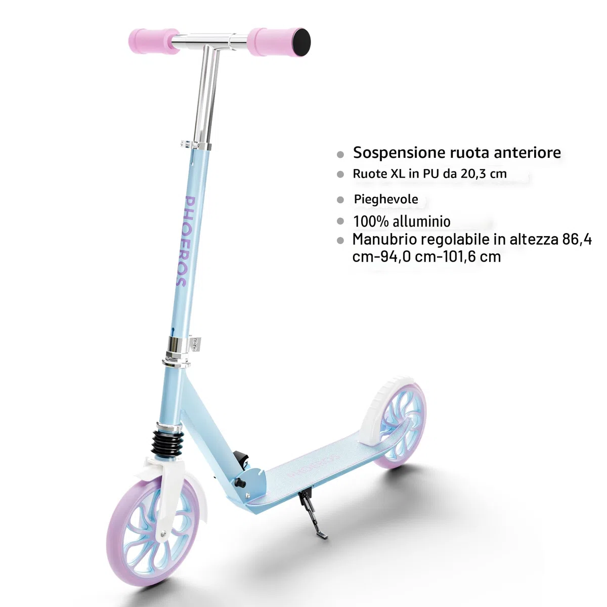 PHOEROS Monopattino per Bambini 6-12 Anni, Adolescenti e Adulti. Monopattino Pieghevole in Alluminio Leggero per Ragazzi, Maschi e Femmine, con Ruote da 200mm, Regolabile in 4 Altezze, Ammortizzatori.