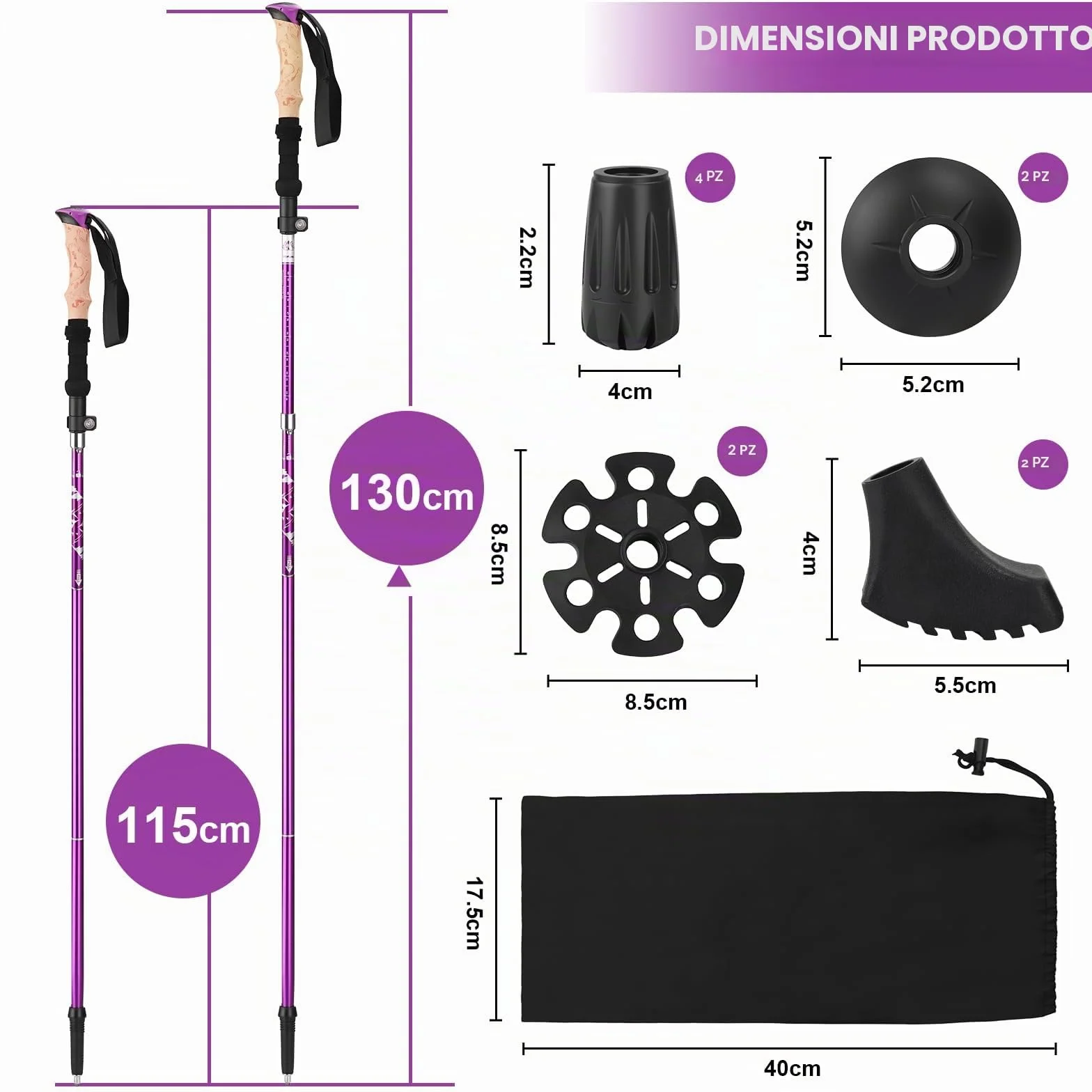 Bastoni da Trekking Alluminio Pieghevoli 115-135 cm Nordic Walking 5 Paia Cuscinetto
