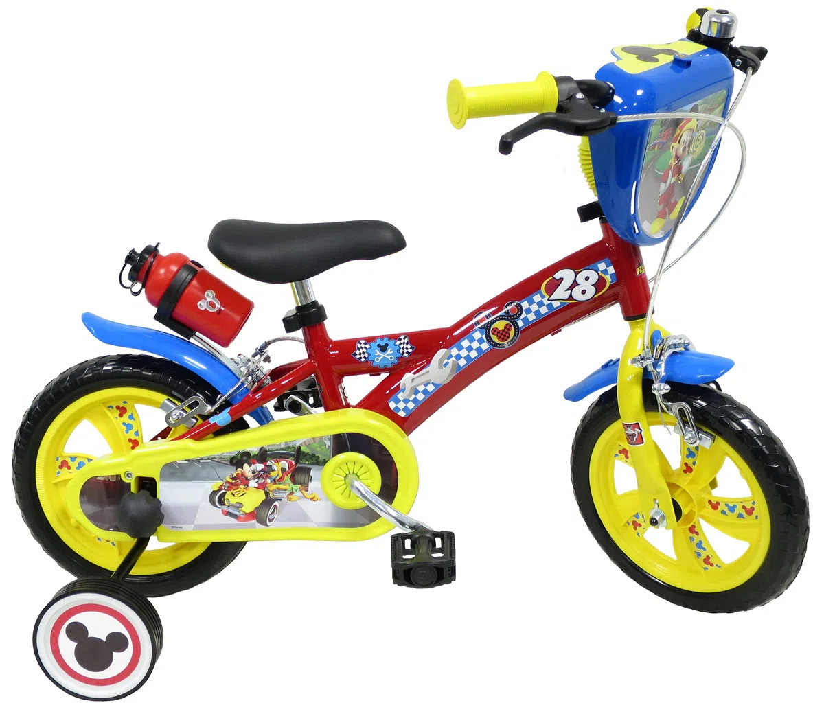 bicicletta da 12 pollici Mickey Mouse, con stabilizzatori laterali, borraccia e scudo anteriore personalizzato. Made in Italy