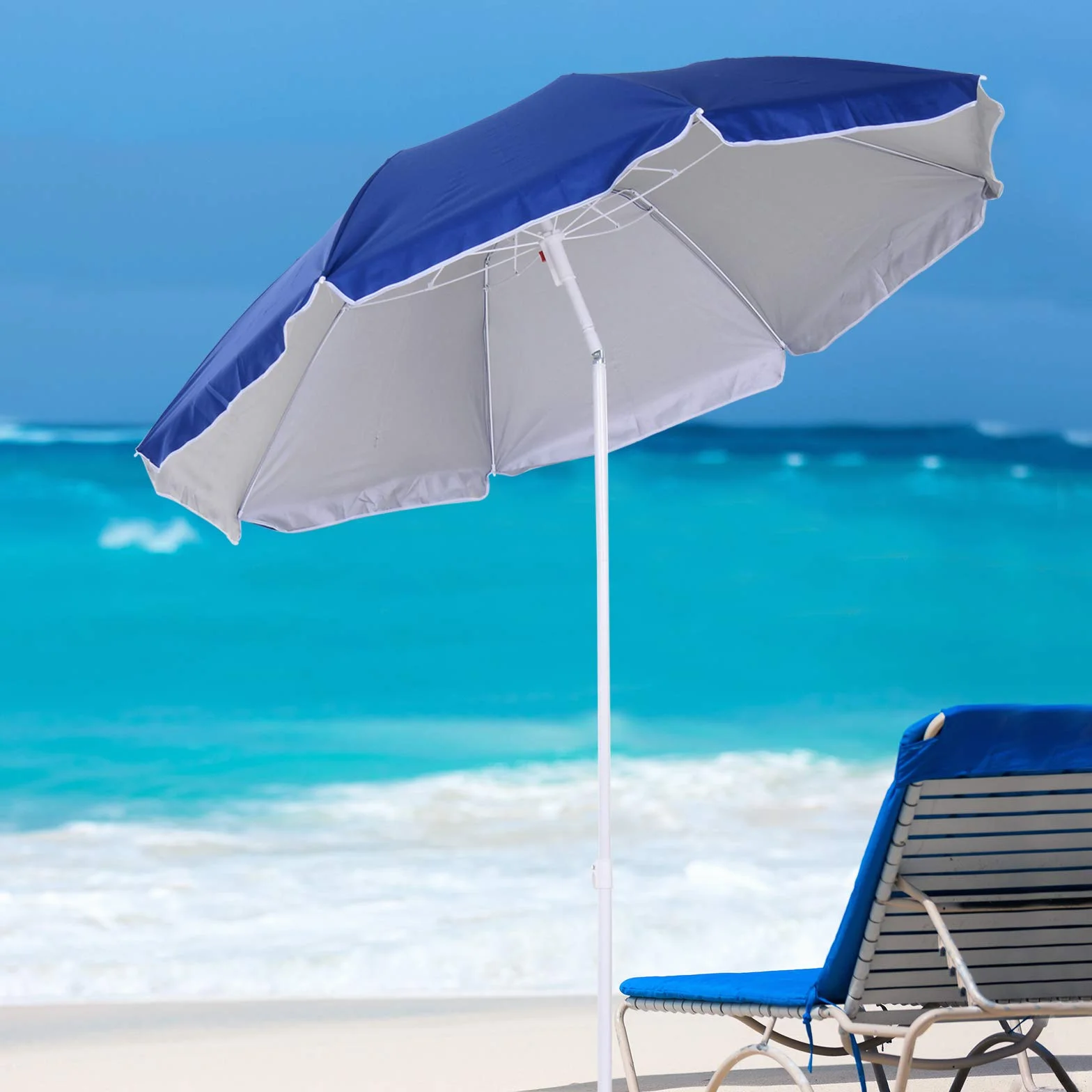 Outsunny Ombrellone da Spiaggia Ø1.6x2 m con Tettuccio Reclinabile, Ombrellone da Spiaggia Portatile con 8 Stecche, Borsa da trasporto e Design a 3 Sezioni in Metallo e Poliestere, Protezione UV, Blu
