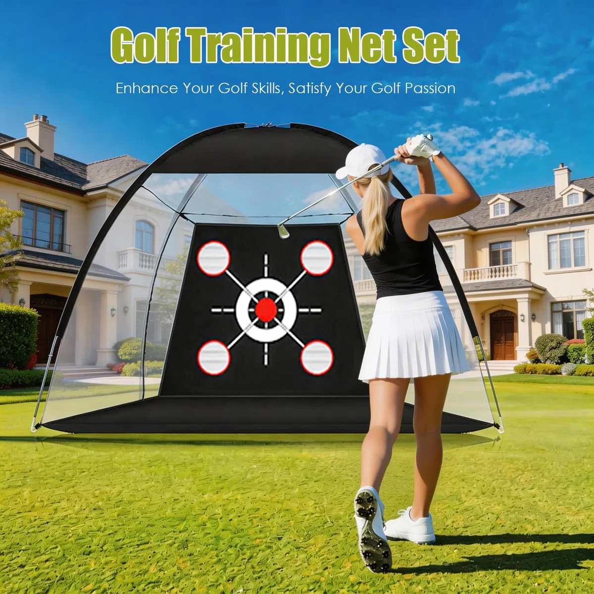 Rete da allenamento per il golf con tappetino, set da allenamento portatile da 300 x 200 cm con bersaglio, 3 tappetini da tiro, 10 palline da golf, tee e borsa da trasporto per uso interno ed esterno