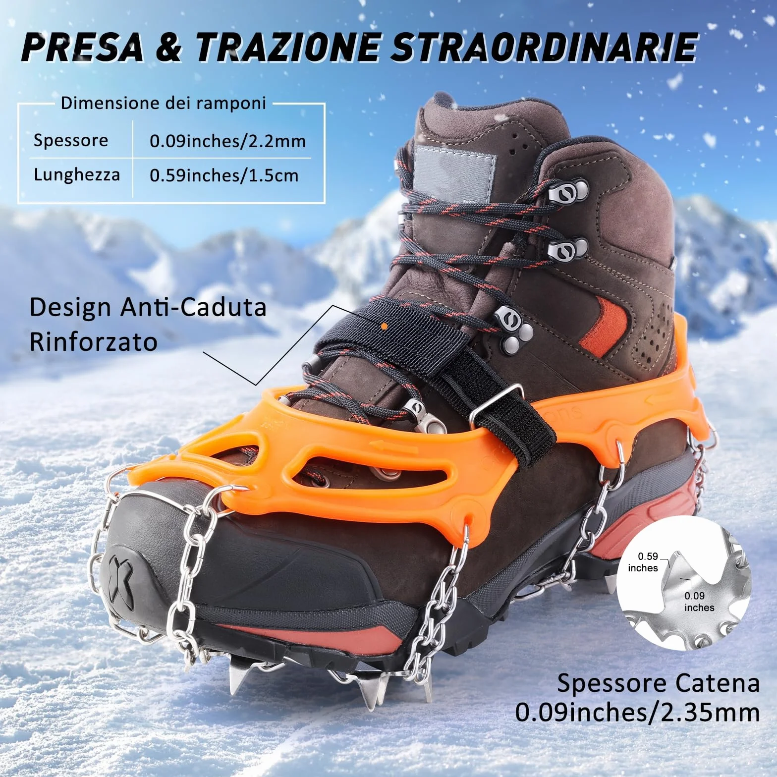 AGPTEK Ice Tacchetti 19 Denti, Ramponi da Ghiaccio per Scarpe Portabile Neve Ramponi per Donna e Uomo con Ottimo Grip per Passeggiate, Jogging o Escursioni Camping su Neve e Ghiaccio, Arancione, M