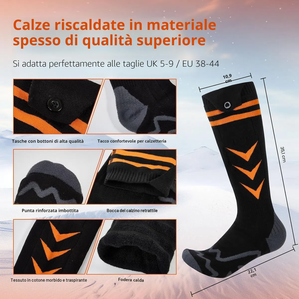 Calze Riscaldate a Batteria, 5000mAH Calzini Scaldapiedi Con controllo dell'app, USB Riscaldati Scaldapiedi Elettrico con 4 Impostazioni di Riscaldamento per Sport All'Aperto e Sci