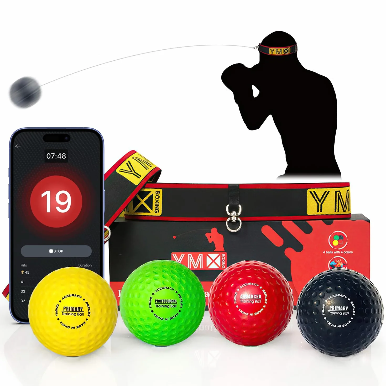 YMX BOXING Ultimate Set Reflex Ball - 4 React Ball Plus 2 Fasce Regolabili, Ideale per Timing, Precisione, Focus e Formazione di Coordinazione Occhi per Boxe, MMA e Krav Mega