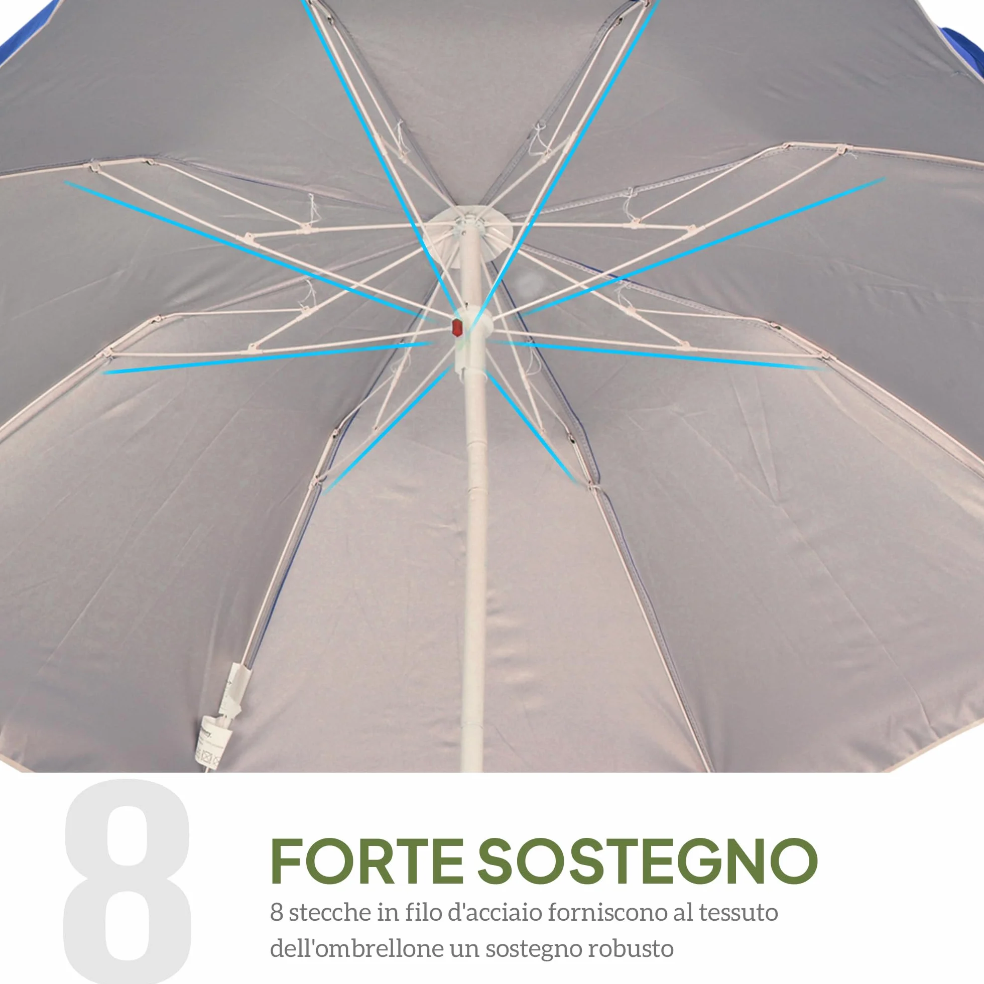 Outsunny Ombrellone da Spiaggia Ø1.6x2 m con Tettuccio Reclinabile, Ombrellone da Spiaggia Portatile con 8 Stecche, Borsa da trasporto e Design a 3 Sezioni in Metallo e Poliestere, Protezione UV, Blu