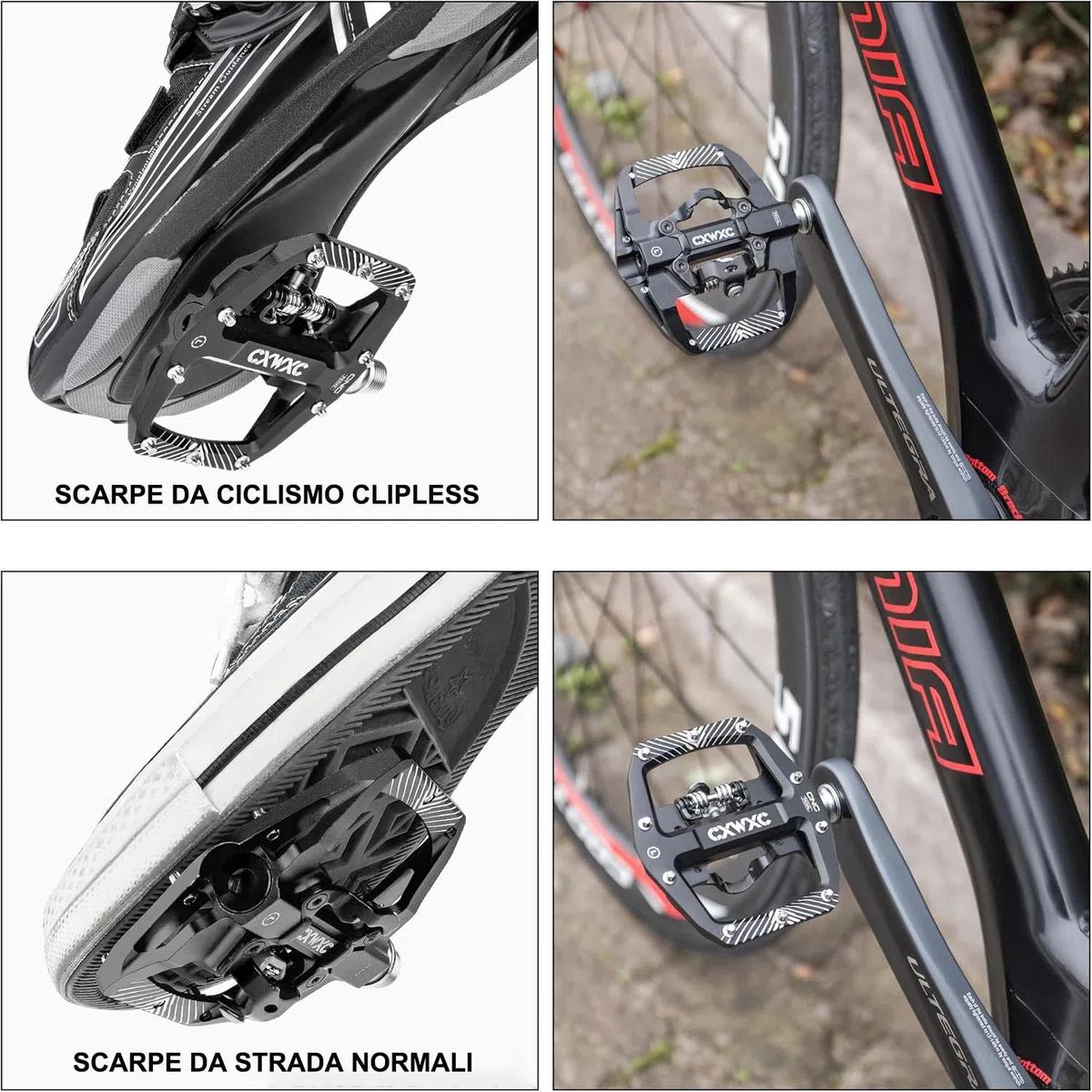 CXWXC Pedali Clic per bicicletta e piatti con 3 cuscinetti sigillati, lega di alluminio da 9/16 pollici, antiscivolo, piattaforma larga, pedali a scatto per MTB o bici da strada