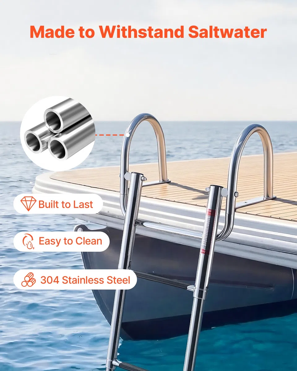 VEVOR Scaletta per Barca in Acciaio Inox, Scaletta Telescopica Pieghevole a 4 Gradini con Corrimano, per Piattaforma di Poppa, Portata Fino a 272 kg, Gradini Antiscivolo, per Gommone, Yacht e Pontoni