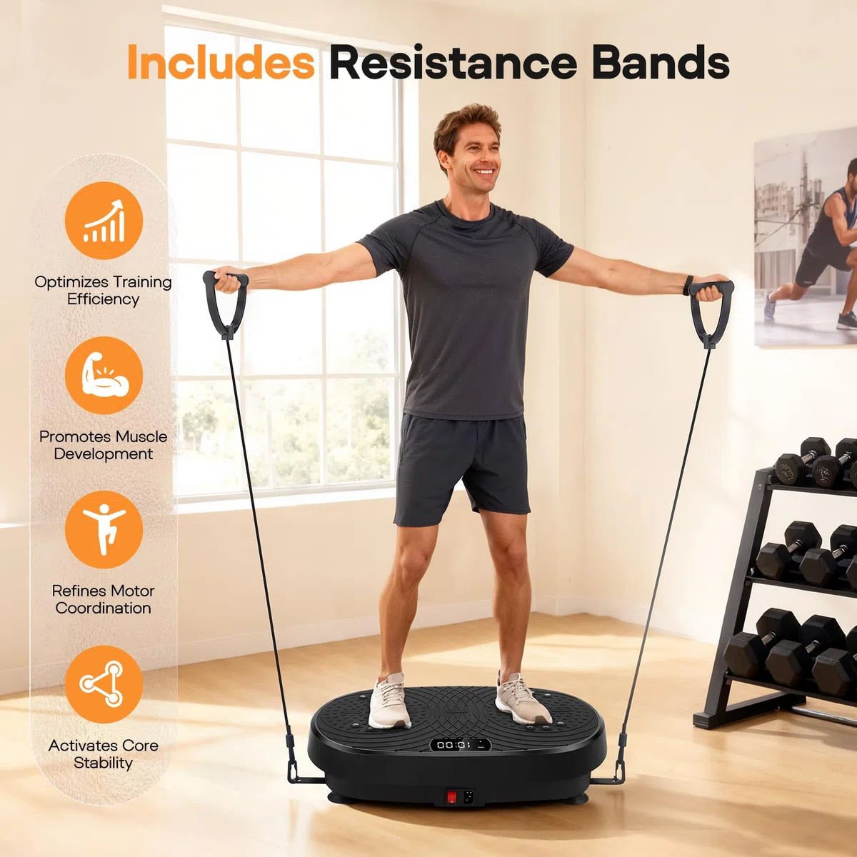 Piastra Vibratoria, 6 Modalità e 120 Velocità Regolabili Piastra Vibratoria Macchina per Esercizio con Fasce di Resistenza e Telecomando, Piastra Vibratoria Timer per Casa/Palestra/Ufficio
