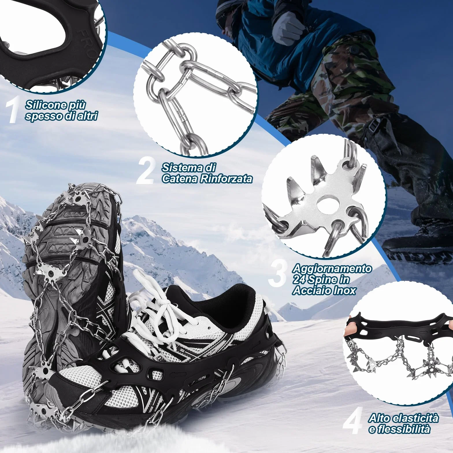 TOMSHOO Ramponi per Scarponi, 32 Denti Ramponi da Ghiaccio Catene in Acciaio Inossidabile con Cinghie, Ice Tacchetti Universali Trazione per Neve Ghiaccio Moutaineering Escursionismo