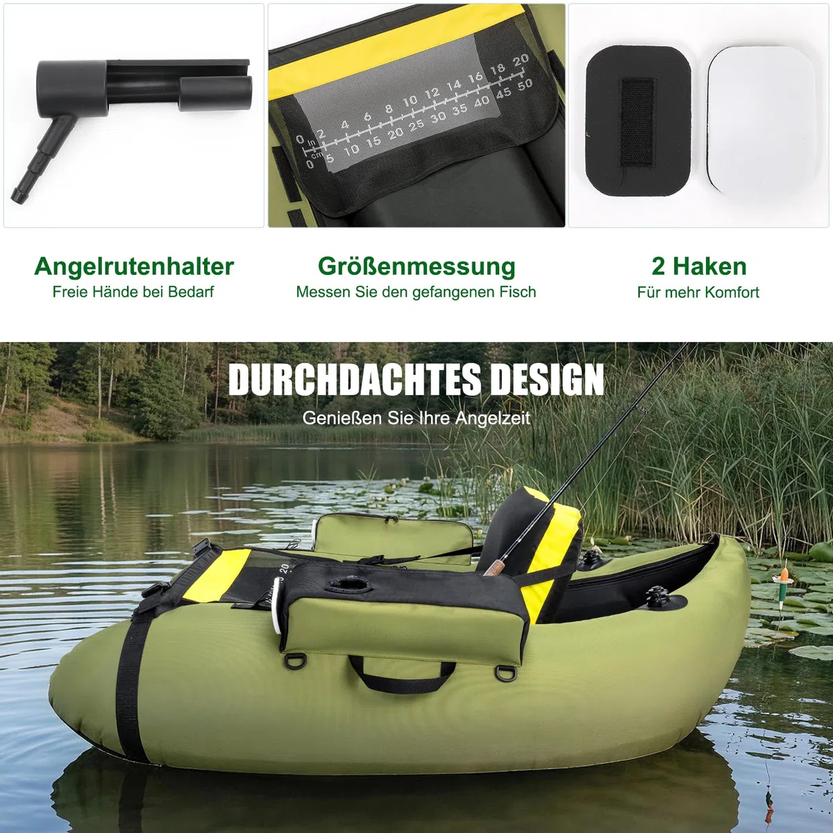 LEADZM Gommone gonfiabile, barca da pesca con pompa, barca da pesca con supporto per canna da pesca, cinghie regolabili, borsa portaoggetti, portata 150 kg