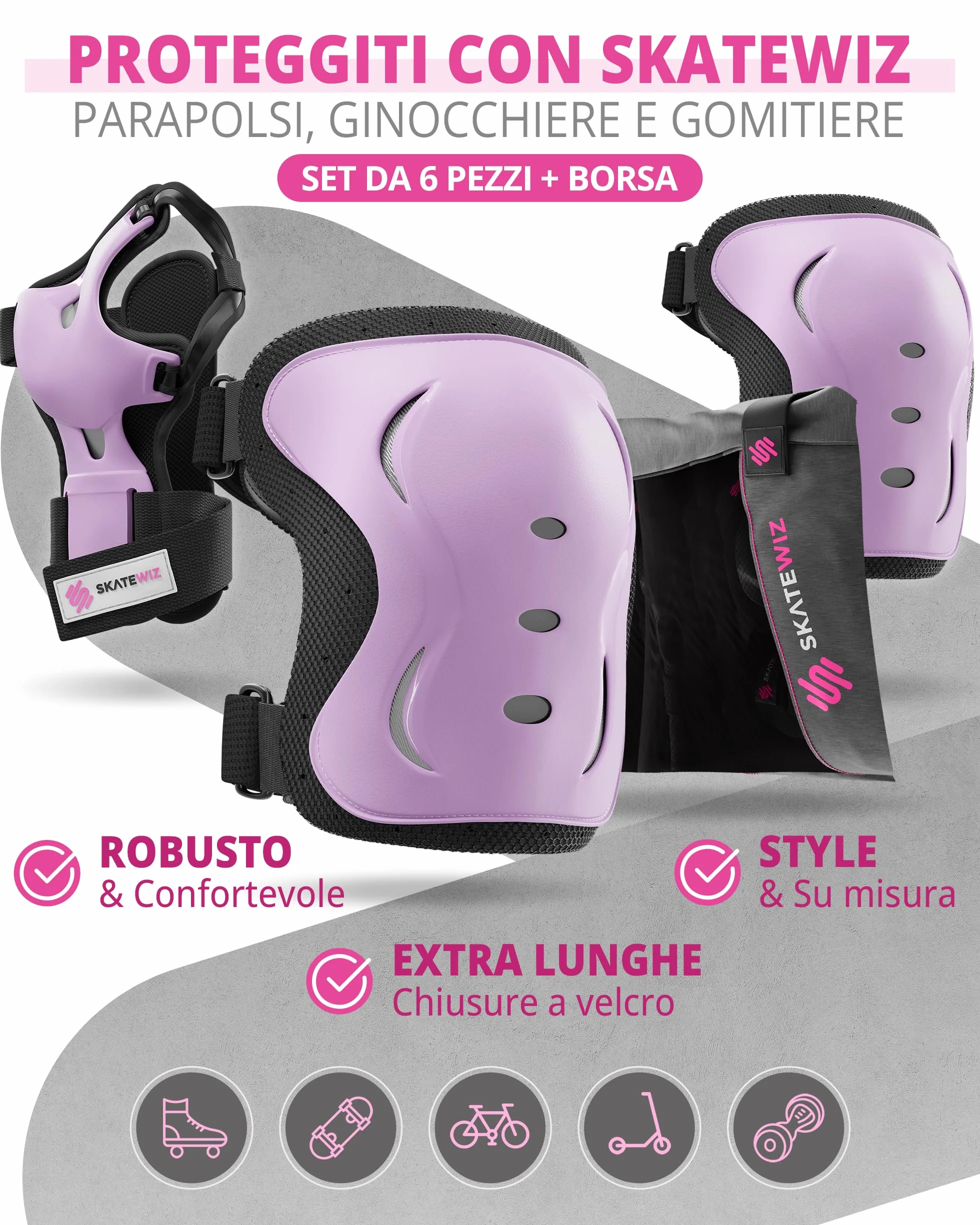 SKATEWIZ Ginocchiere Pattini Bambina Set 6 Pezzi Protezioni con Ginocchiere Gomitiere Polsiere