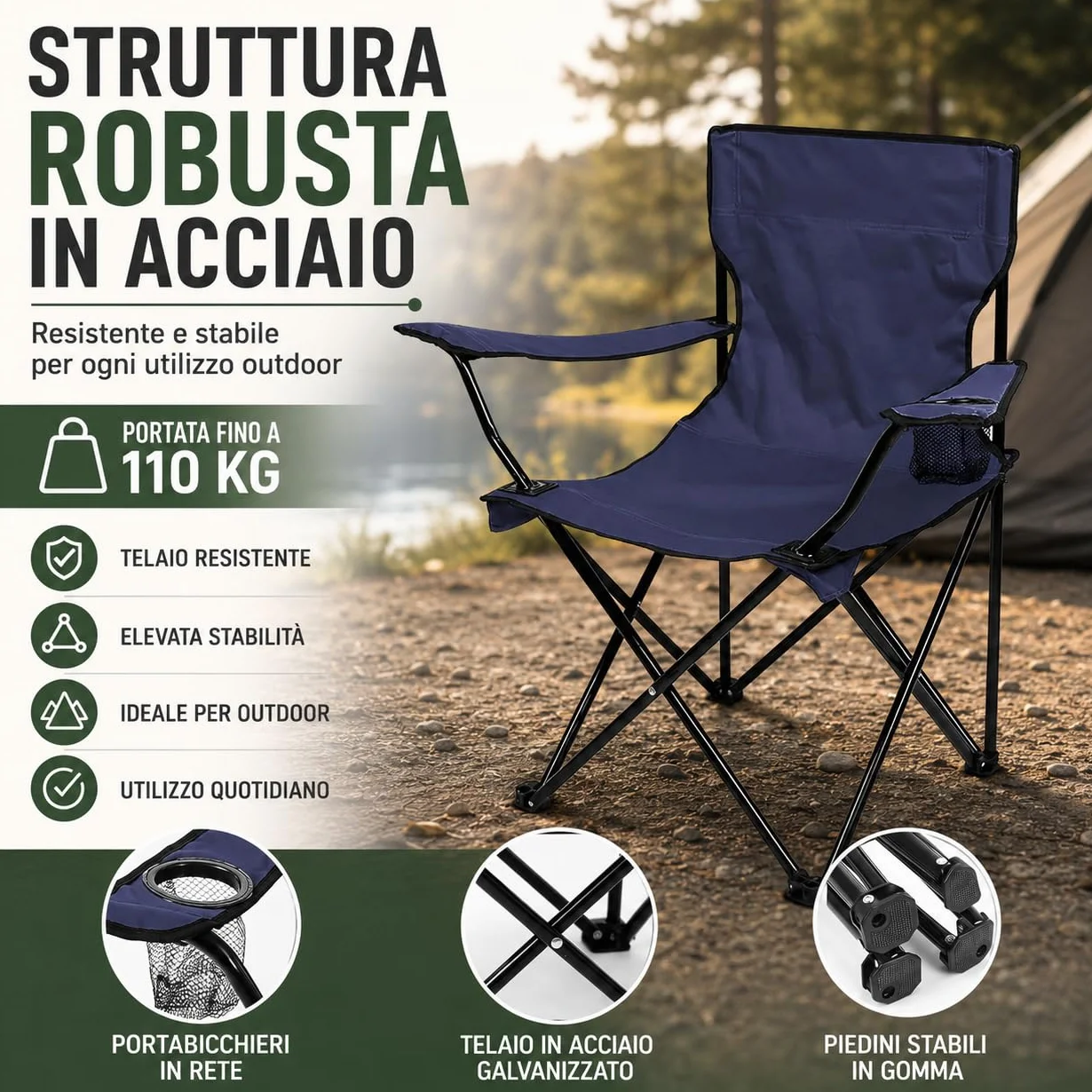 IlGruppone Sedia Camping Pieghevole in Acciaio con Porta Bevande – Sedia da Campeggio Portatile Impermeabile e Antiruggine con Sacca Trasporto – Ideale per Mare, Spiaggia, Pesca e Outdoor (Blu)