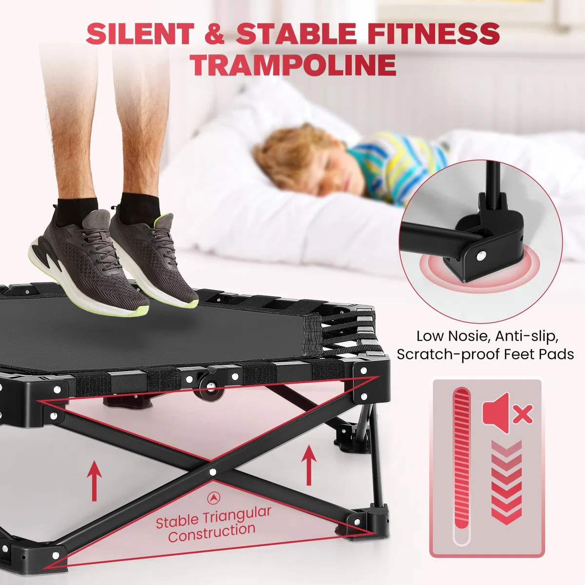 Mini trampolino pieghevole da 150 kg, trampolino fitness da 102 cm, maniglia in schiuma regolabile, trampolino elastico stabile e silenzioso per allenamento indoor/outdoor per adulti