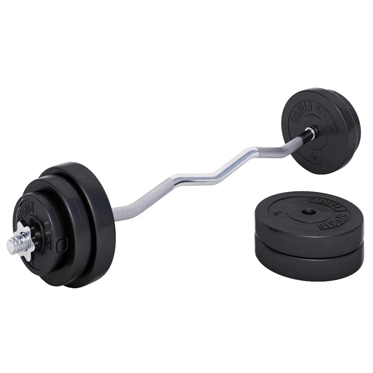 GORILLA SPORTS® Set Bilanciere con Pesi – 35kg, Barra Curva EZ 120cm, Ø30mm, Dischi in Plastica con Riempimento in Cemento, 2 Chiusure a Stella – Bilanciere Curl, Dischi, Palestra da Casa, Fitness