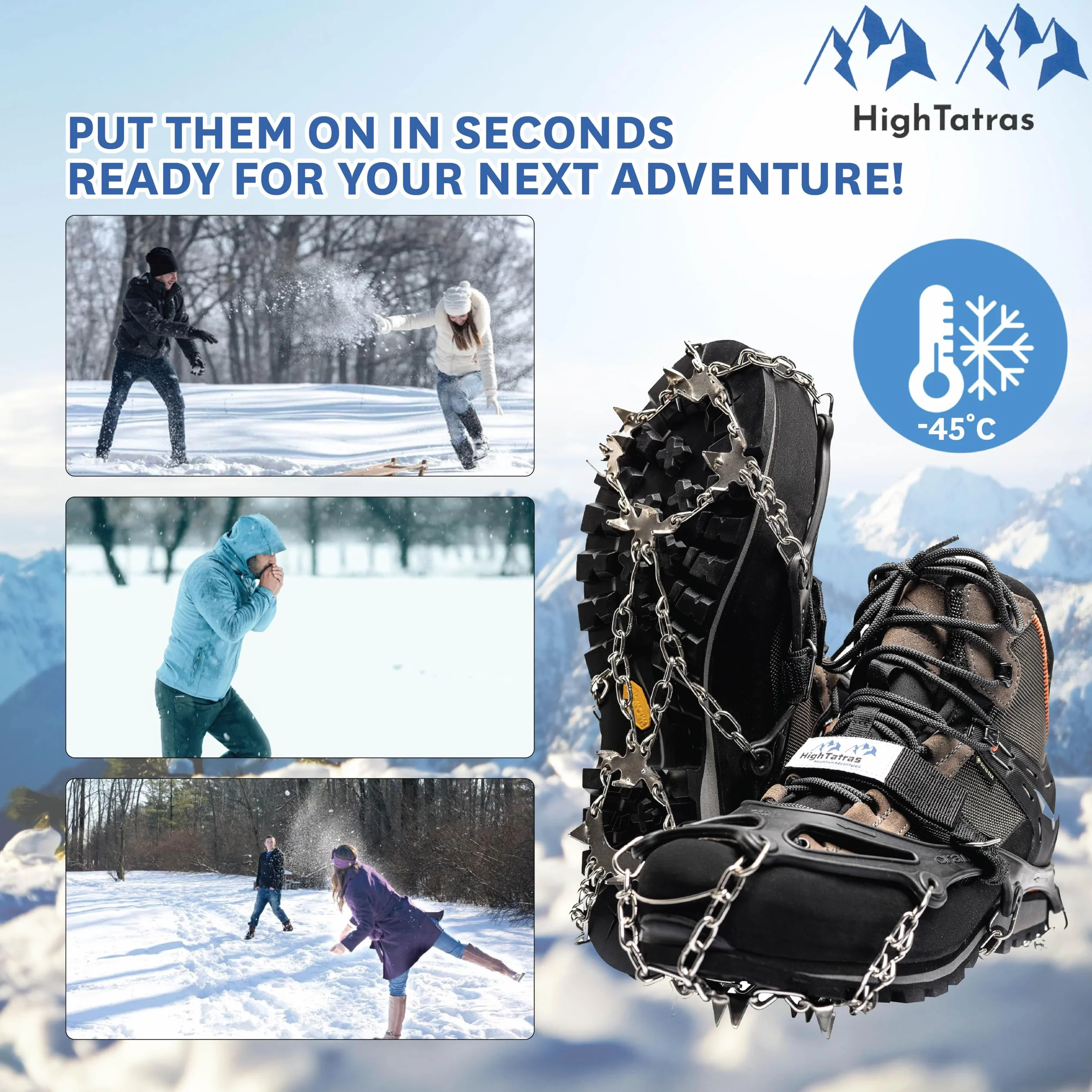 High Tatras Ramponi per scarponi taglie M, L, XL, punte antiscivolo, ramponi da montagna per neve e ghiaccio, per trekking invernale, 8 o 18 punte in acciaio