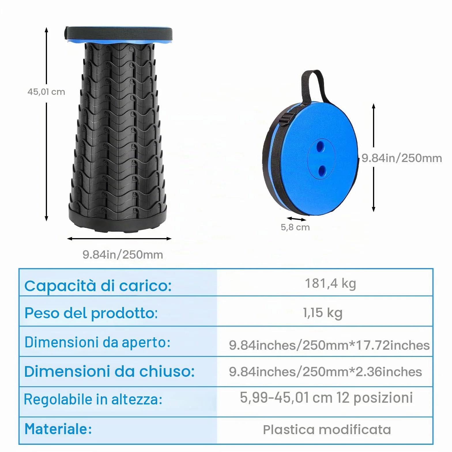 Sgabello Pieghevole Portatile Telescopico Regolabile in Altezza 397 LB per Esterni Blu