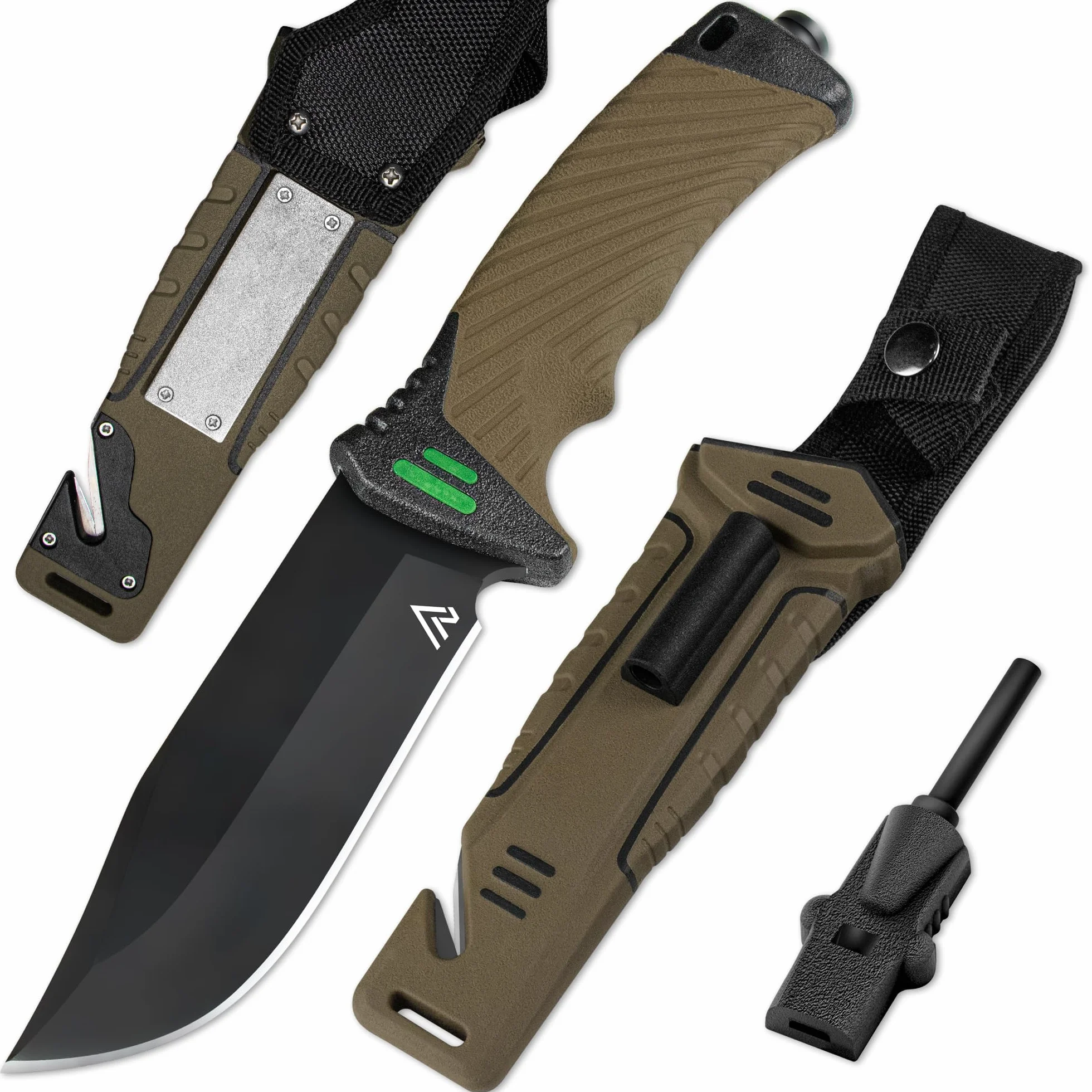 naifu® - The Hunter X - MARONNE - Coltello sopravvivenza a lama fissa da 12 cm in acciaio inossidabile - Coltello da caccia - Sopravvivenza - Bushcraft - Accendino e affilatore inclusi
