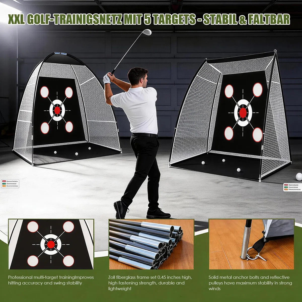 Rete da allenamento per il golf con tappetino, set da allenamento portatile da 300 x 200 cm con bersaglio, 3 tappetini da tiro, 10 palline da golf, tee e borsa da trasporto per uso interno ed esterno