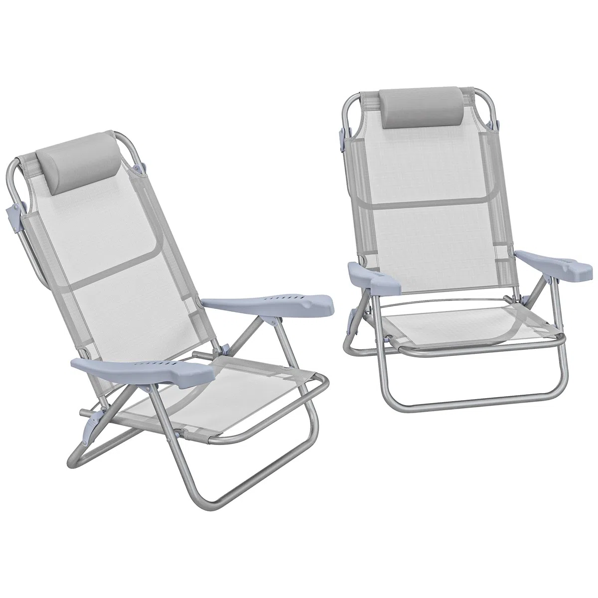 Outsunny Set 2 Sedie da Campeggio Pieghevoli con Poggiatesta Imbottito, Sedia da Pesca con Schienale Regolabile su 6 Livelli in Alluminio e Schiuma, 62x65x80 cm, Grigio Chiaro
