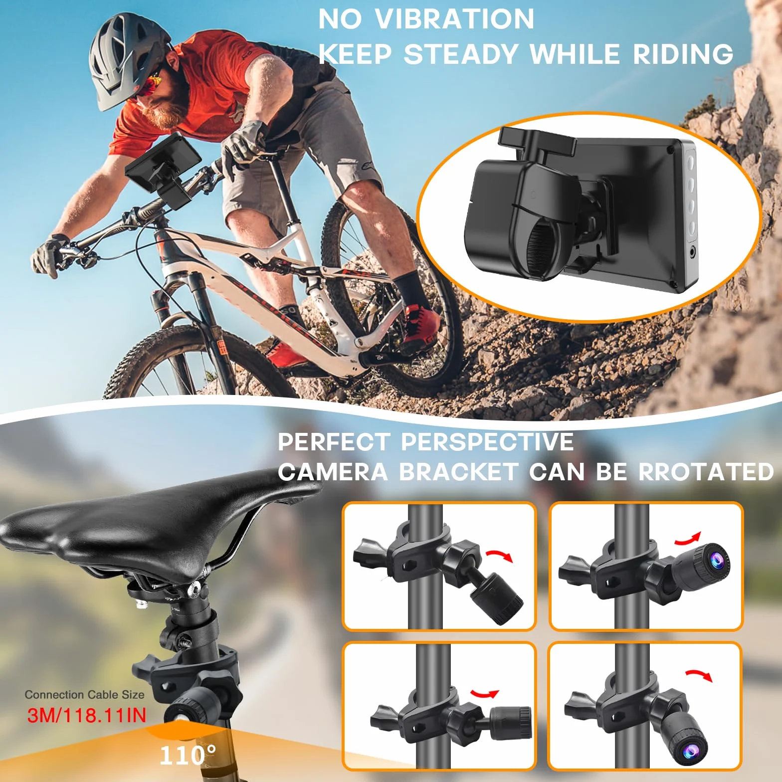 PARKVISION Kit Specchio Retrovisore per Bicicletta con Batteria 8000mAh - Telecamera Posteriore Bici AHD 1080P, Monitor 4,3", Visione Notturna, per MTB, E-Bike e City Bike