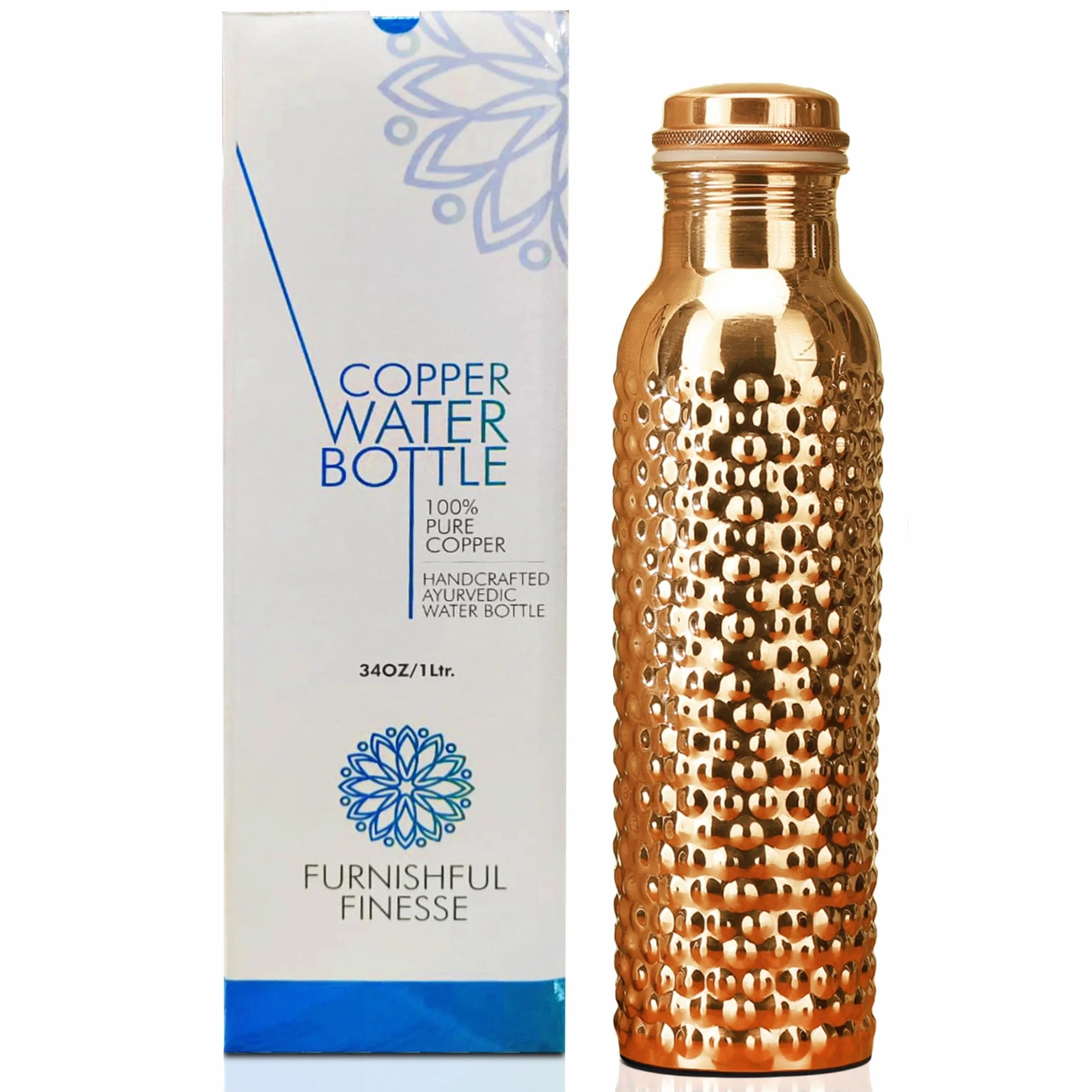 Borraccia in rame da 34 once con borsa in iuta, bottiglia in rame puro per acqua potabile, palestra, yoga, 1000 ml