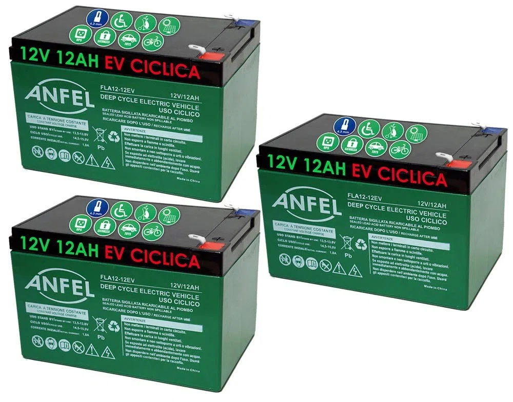 ANFEL Kit 3 BATTERIE al Piombo Ricaricabile 12V 36V 12AH CICLICA Batteria Uso CICLICO per Bici Biciclette ELETTRICHE MONOPATTINI Quad ELETTRICI TRAZIONE ELETTRICA FASTON 6,35mm Deep Cycle 6-DZM-12
