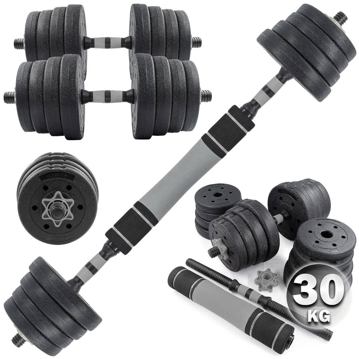 C.P.Sports 2in1 Set manubri e bilancieri | 30kg / 40kg Manubri | Piastre di Peso in plastica per Allenamento con i Pesi, Fitness, Palestra Domestica