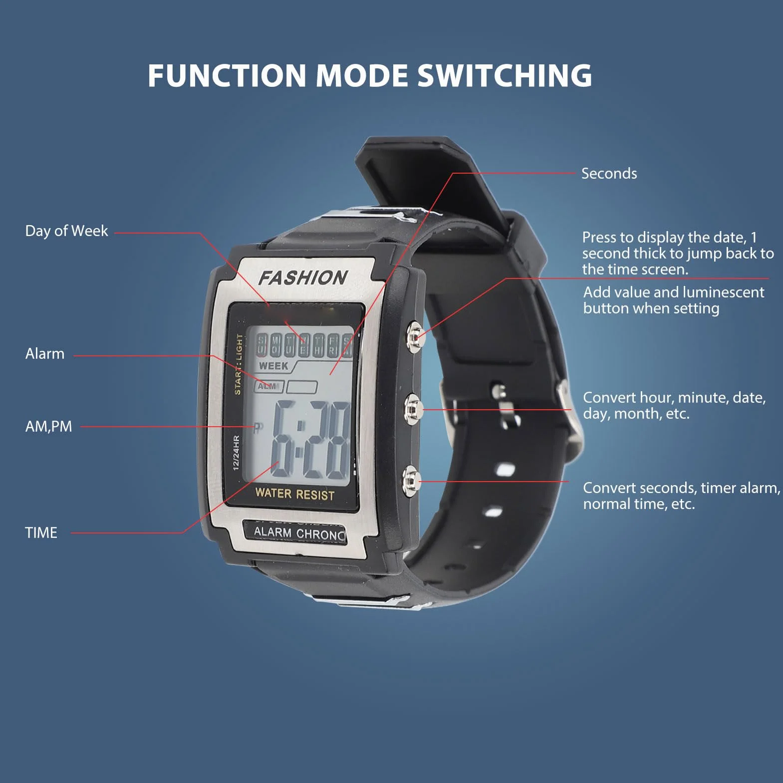 Orologio Sportivo Digitale Impermeabile Nuoto Cronografo Rettangolare Multifunzionale Grande Schermo