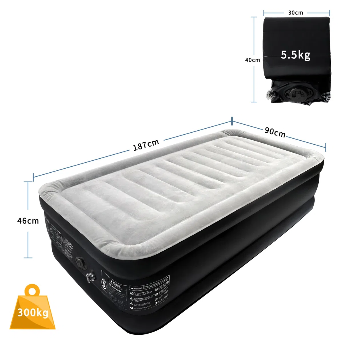 LARS360 Materasso ad aria autogonfiabile, materasso gonfiabile con pompa ad aria, 187 x 90 x 46 cm, adatto per 1 persona, letto ad aria inclusa, borsa per il campeggio/a casa, fino a 300 kg, nero e