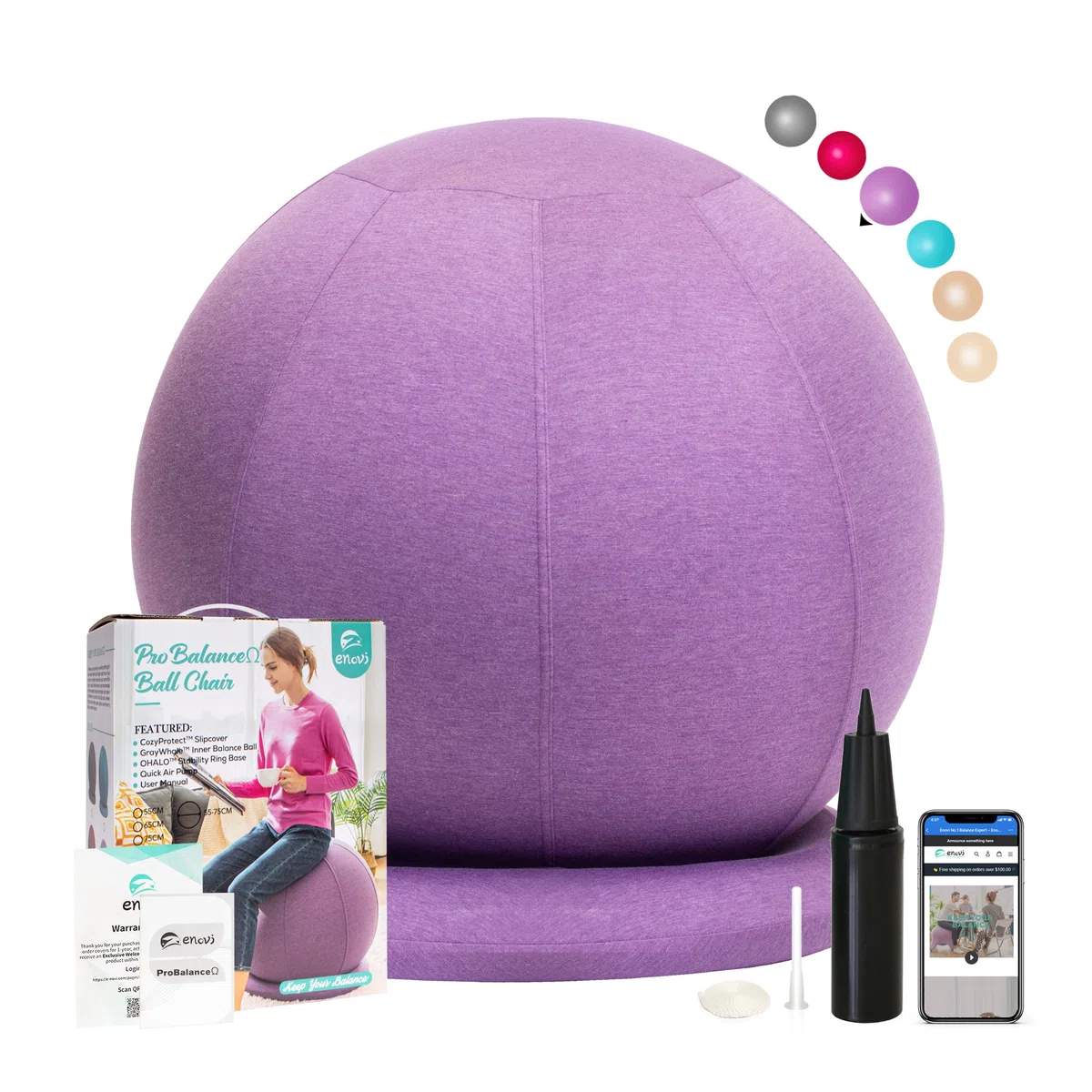 ProBalanceΩ,Sedia a sfera per esercizi di yoga, con comoda copertura antiscivolo e base di stabilità per ufficio e casa scrivania, 65 cm, AP