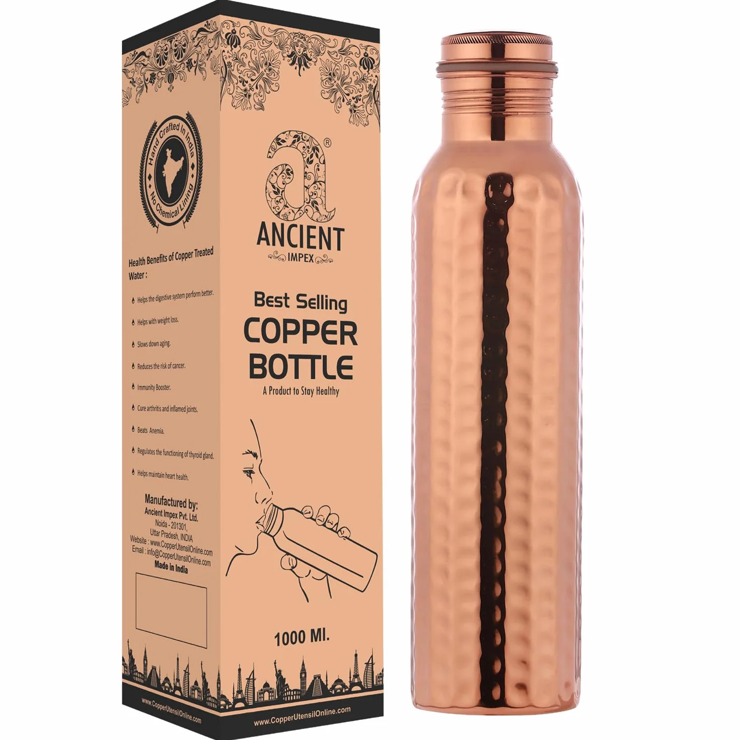 Borraccia in puro rame martellato 1000 ml a prova di perdite senza cuciture per benefici ayurvedici