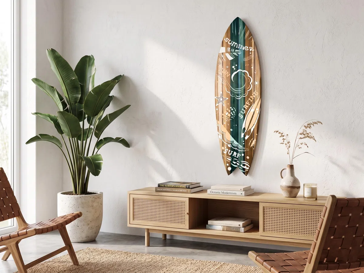 DECLINA, Decorazione da parete, tavola da surf, decorazione surf, stampa su alluminio, tavola da surf decorativa Summer Surfing, 100 x 30 cm