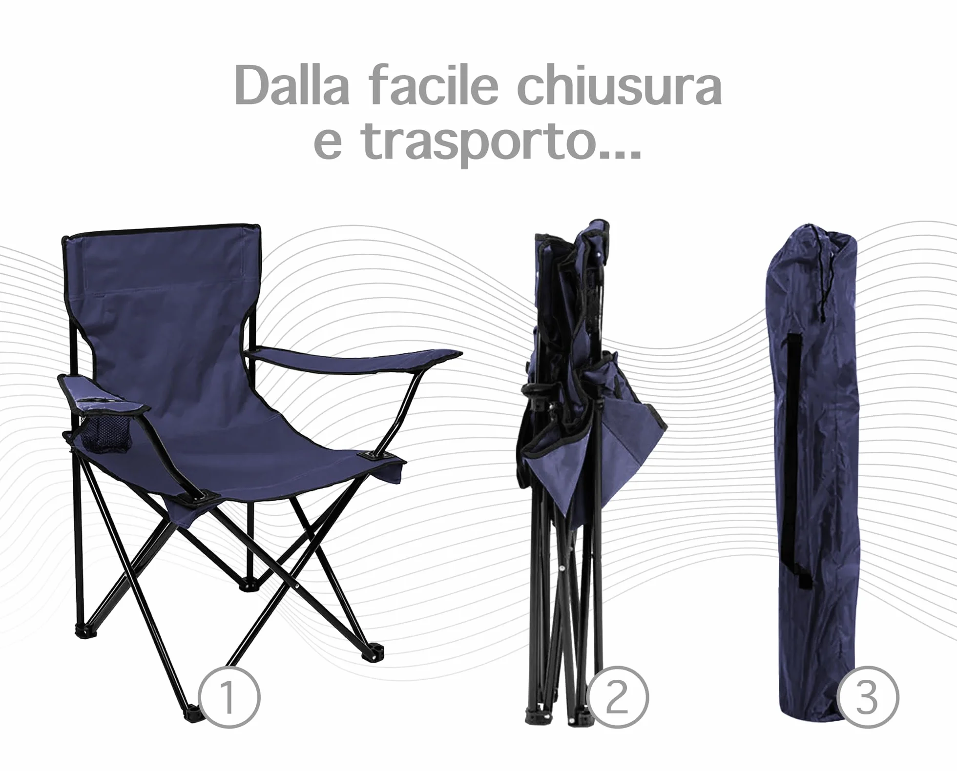 IlGruppone Sedia Camping Pieghevole in Acciaio con Porta Bevande – Sedia da Campeggio Portatile Impermeabile e Antiruggine con Sacca Trasporto – Ideale per Mare, Spiaggia, Pesca e Outdoor (Blu)