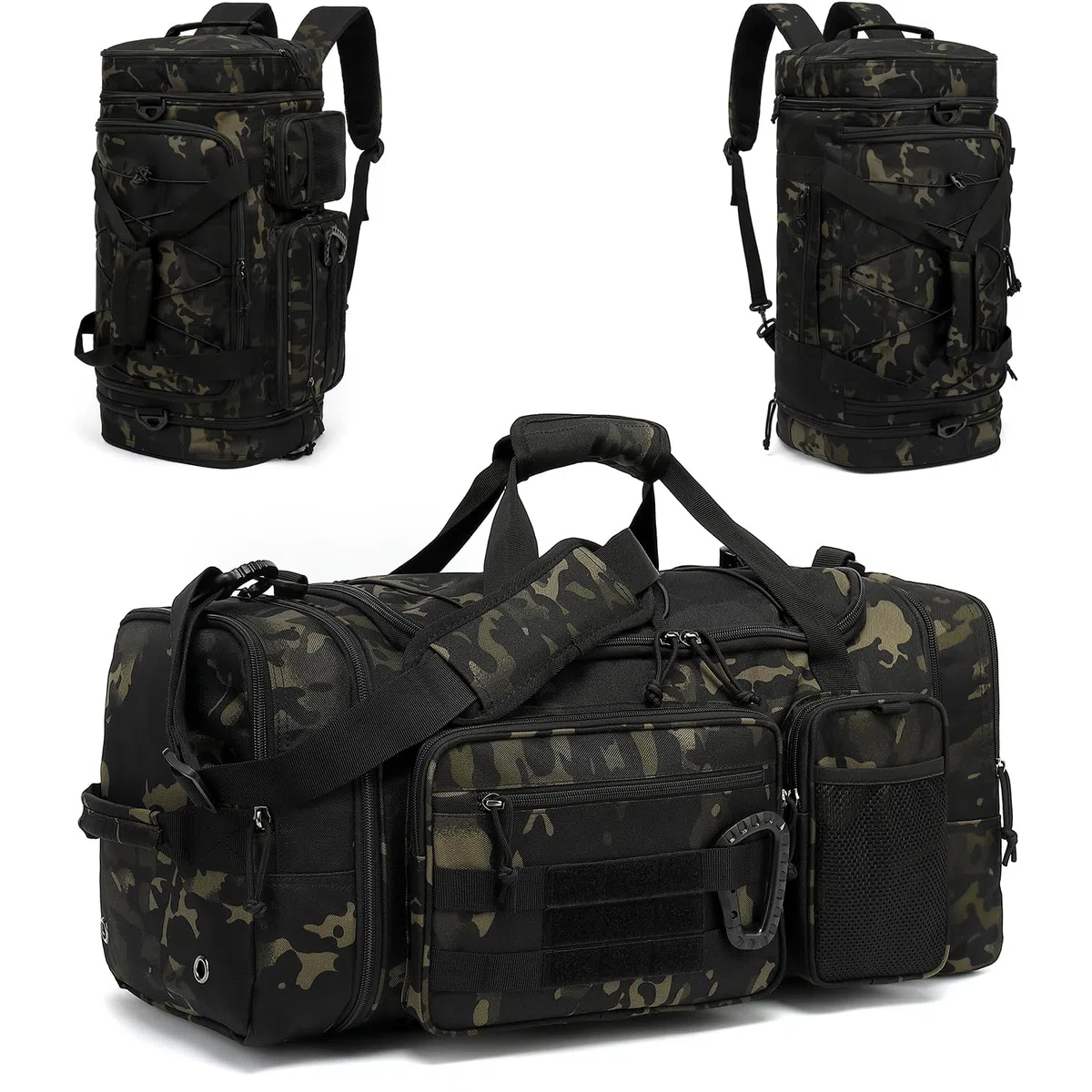 Borsone Tattico Palestra Uomo 50-55 Litri Espandibile 3 in 1 Borsa Zaino Sportiva Grande Militare da Viaggio con Scomparto per Scarpe e Tasca Bagnata per Allenamento, Viaggi, Campeggio, Camo
