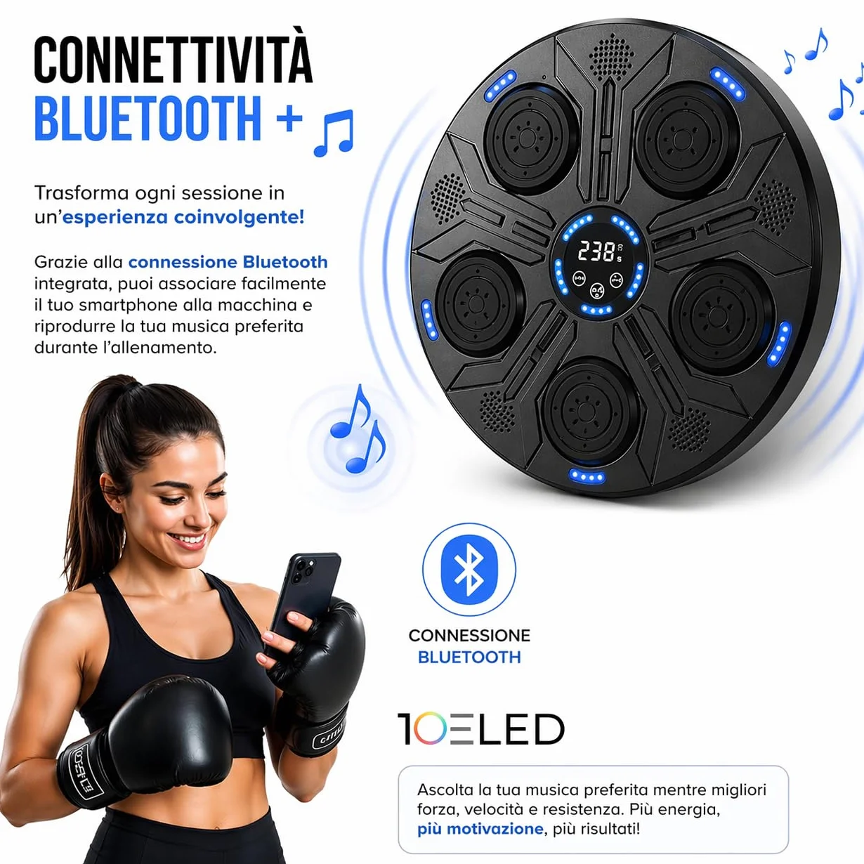 Music Boxing Machine Interattiva con LED a Parete e Bluetooth - Display Digitale - 5 Pad Reattivi - Guantoni INCLUSI - Beat Punch Allenamento Casa per Riflessi, Velocità e Coordinazione