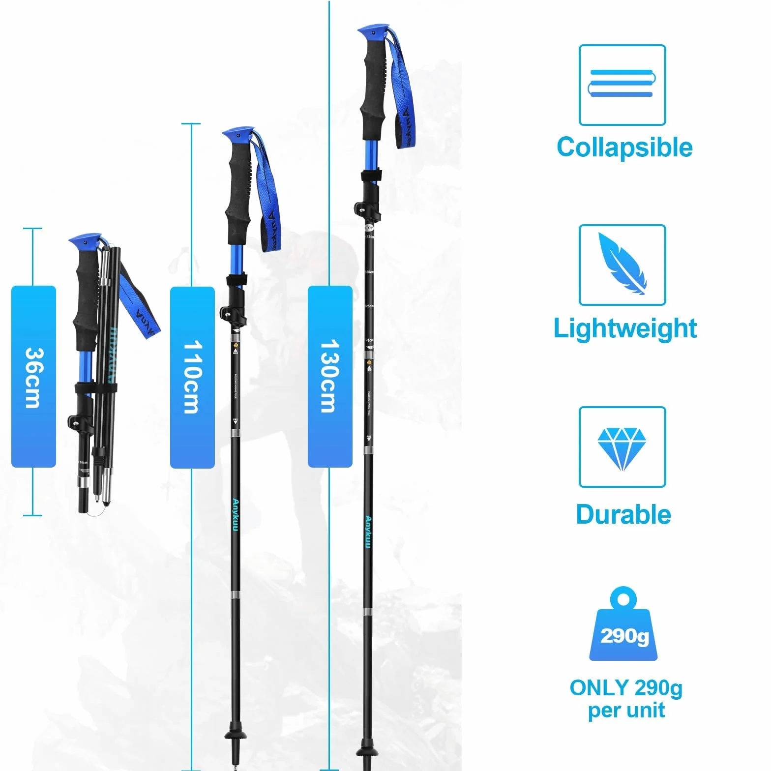 Anykuu Bastoni Trekking Pieghevoli 110-130cm 7075 Alluminio Nordic Walking con Manico Eva
