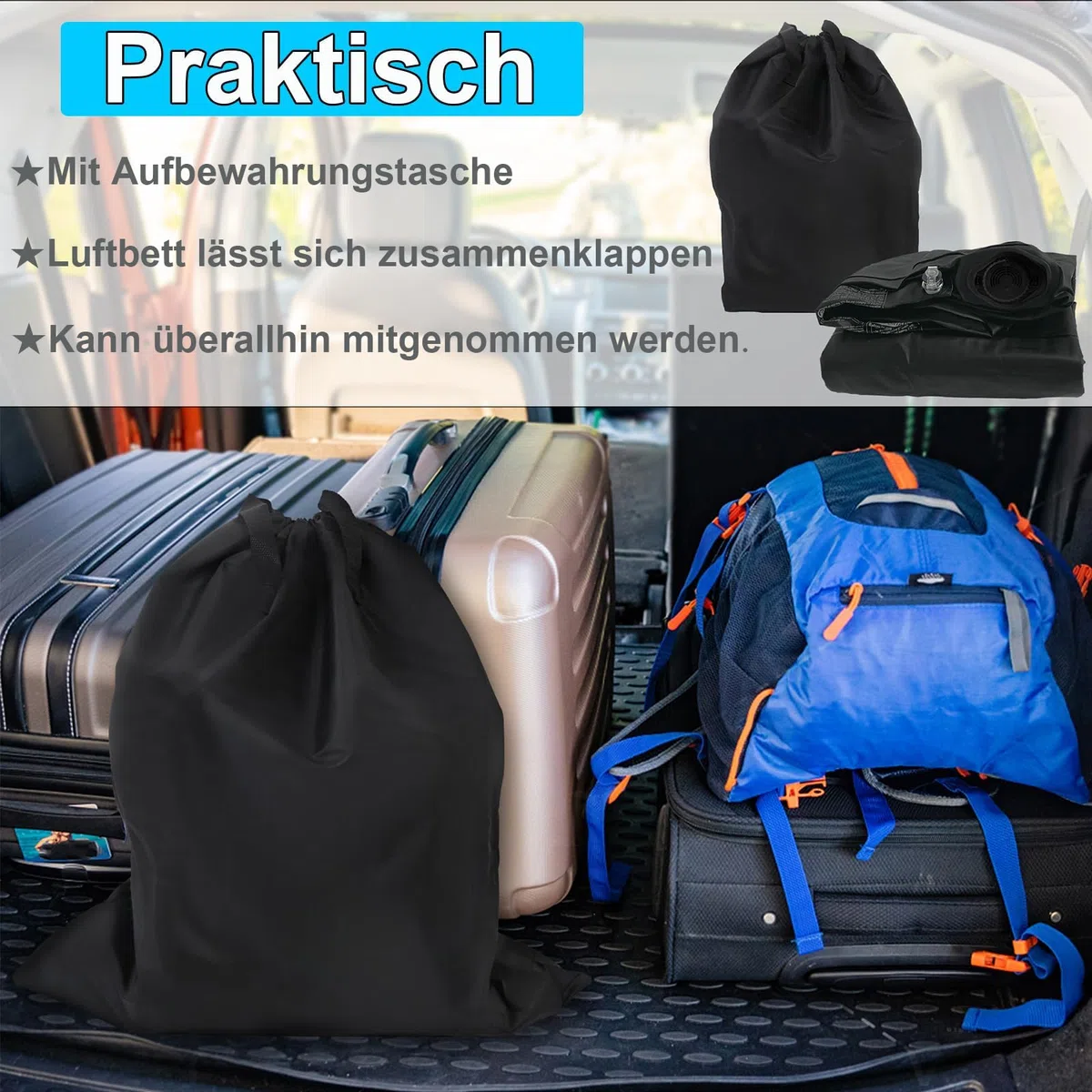 LARS360 Materasso ad aria autogonfiabile, materasso gonfiabile con pompa ad aria, 187 x 90 x 46 cm, adatto per 1 persona, letto ad aria inclusa, borsa per il campeggio/a casa, fino a 300 kg, nero e