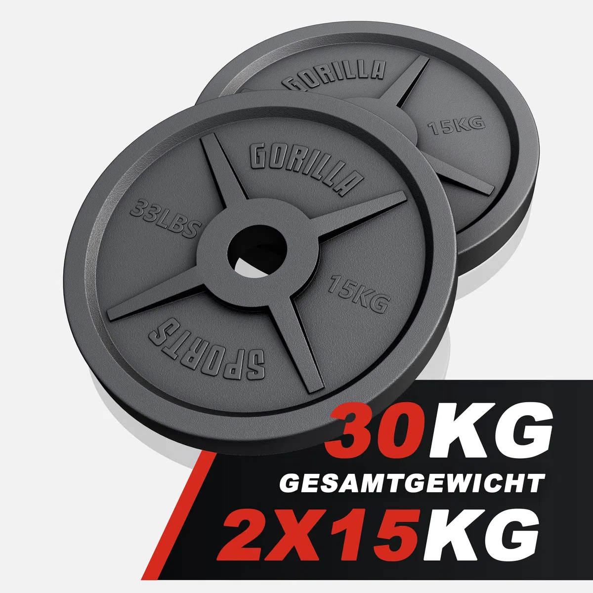 GORILLA SPORTS® Dischi Palestra - Set da 30 kg, Olimpici, Antiscivolo, Ghisa, Ø50/51mm - Pesi Bilanciere, Manubri, Bodybuilding, Peso, Olimpionici, Powerligitng, Palestra Casa, Fitness, Braccia