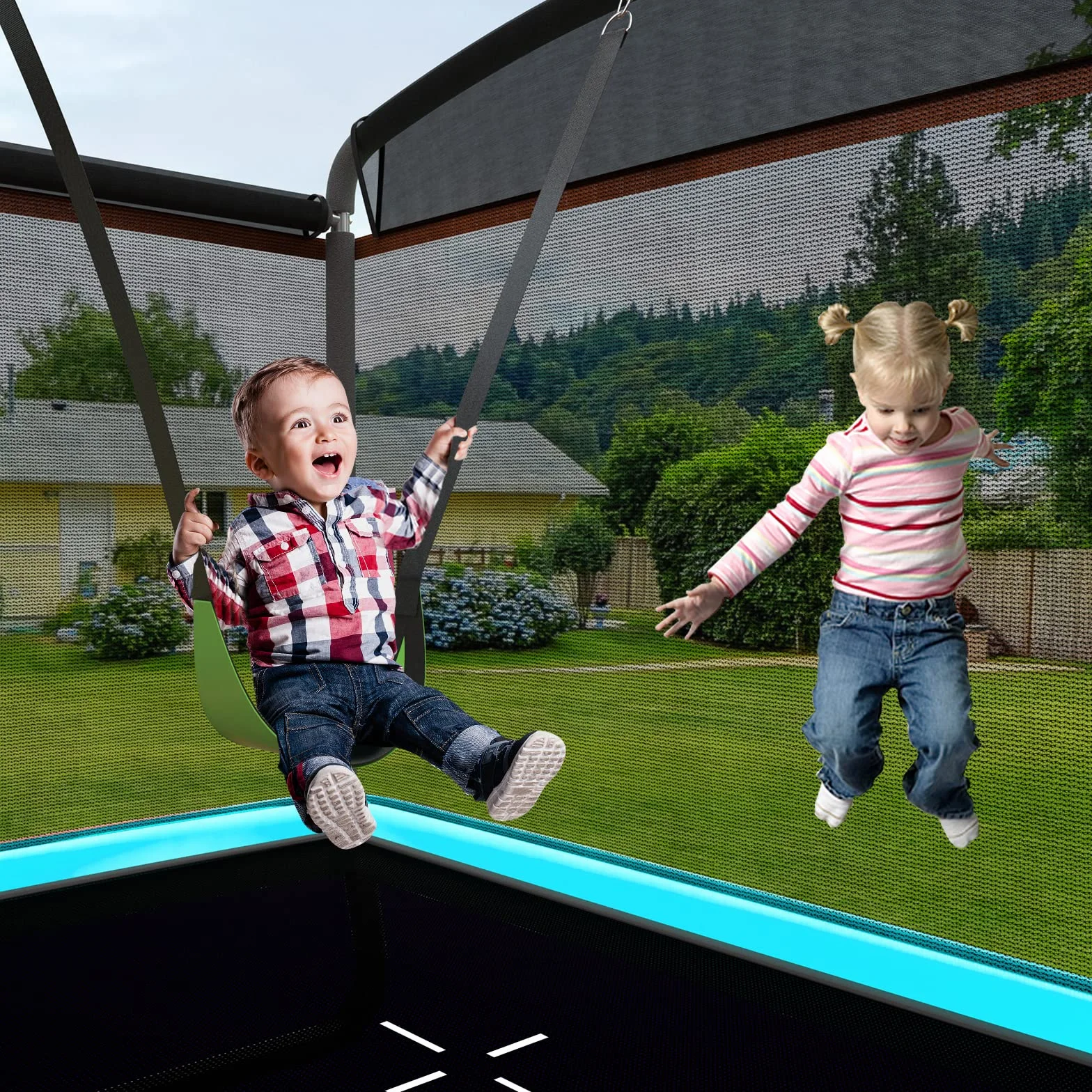 KOMFOTTEU Trampolino Elastico per bambini con Altalena, Rete di Sicurezza, Trampolino Rettangolare Portato 100 kg, Tappeto da Salto all'Aperto, Tappetino per Saltare, 190x122x210 cm